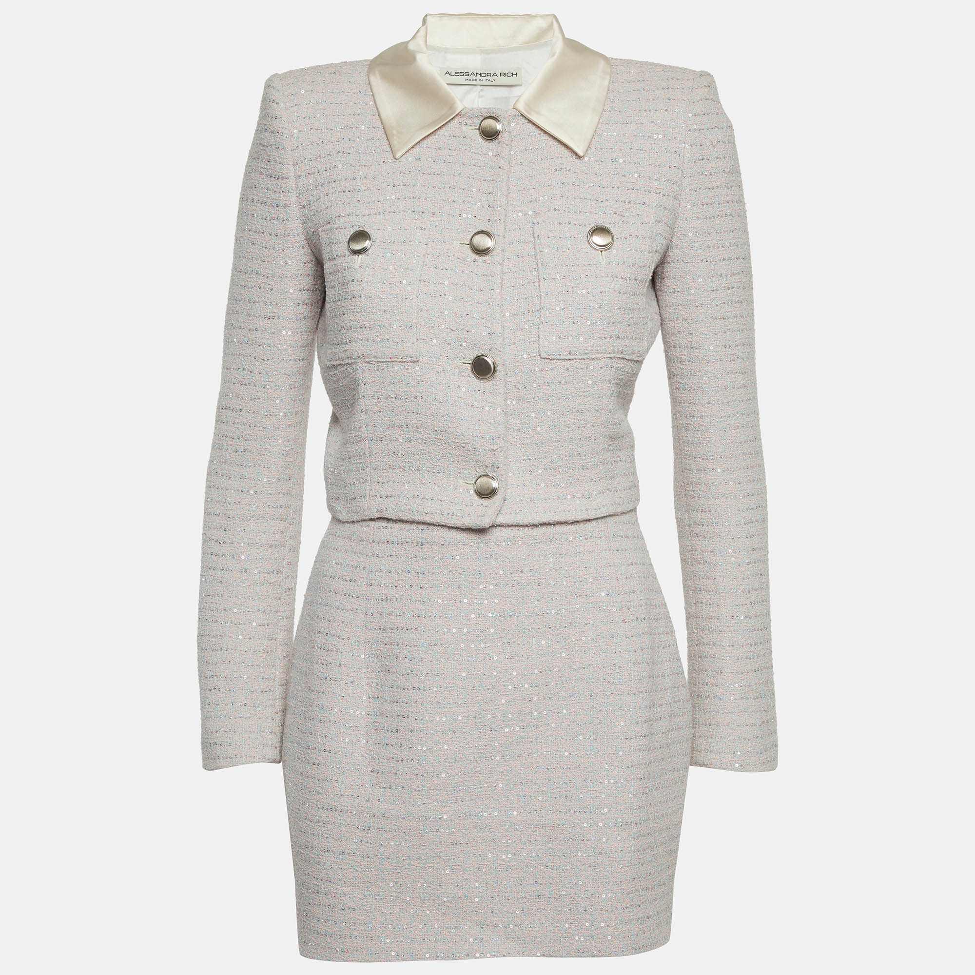 Alessandra Rich Pink Sequin Tweed Cropped Jacket & Mini Skirt