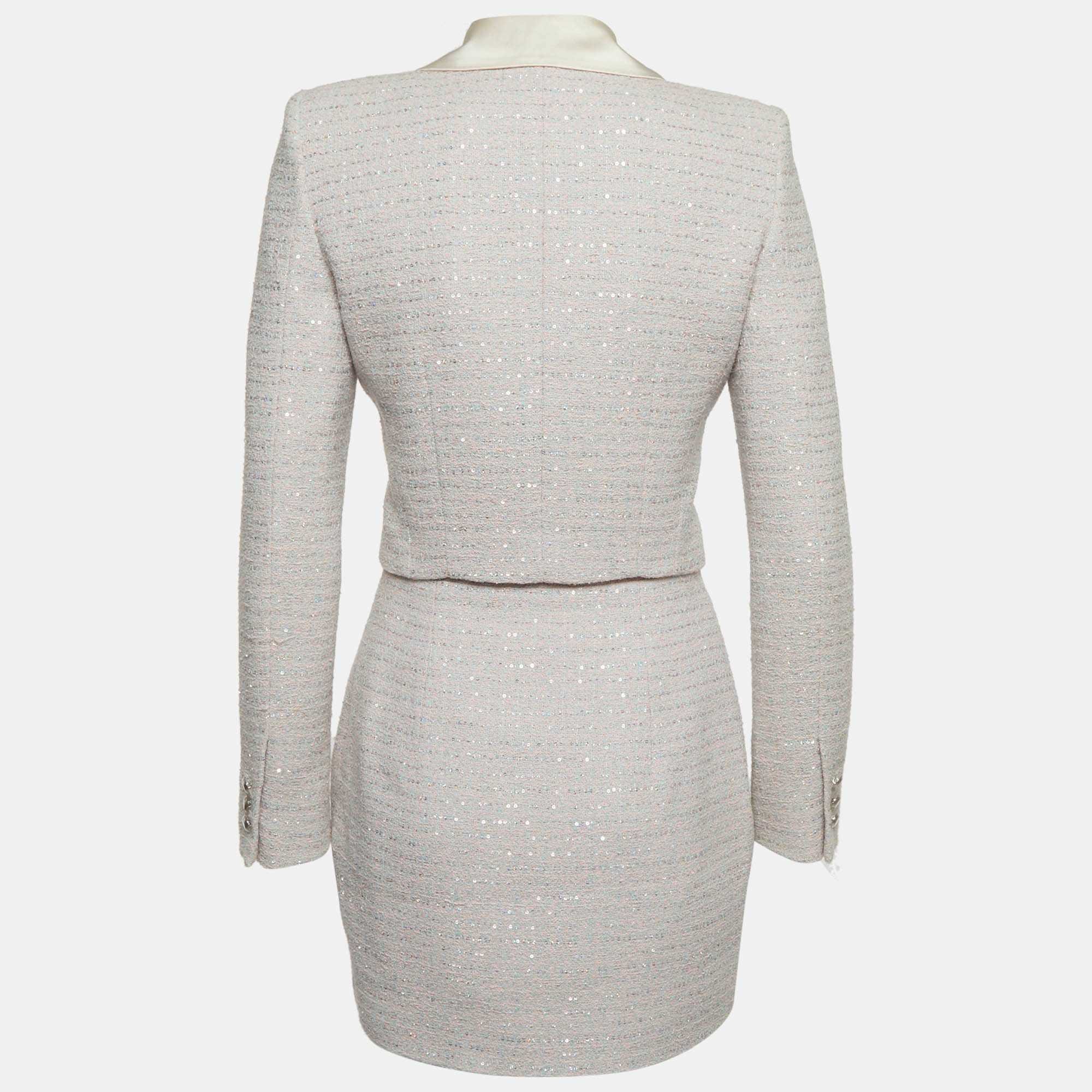 Alessandra Rich Pink Sequin Tweed Cropped Jacket & Mini Skirt