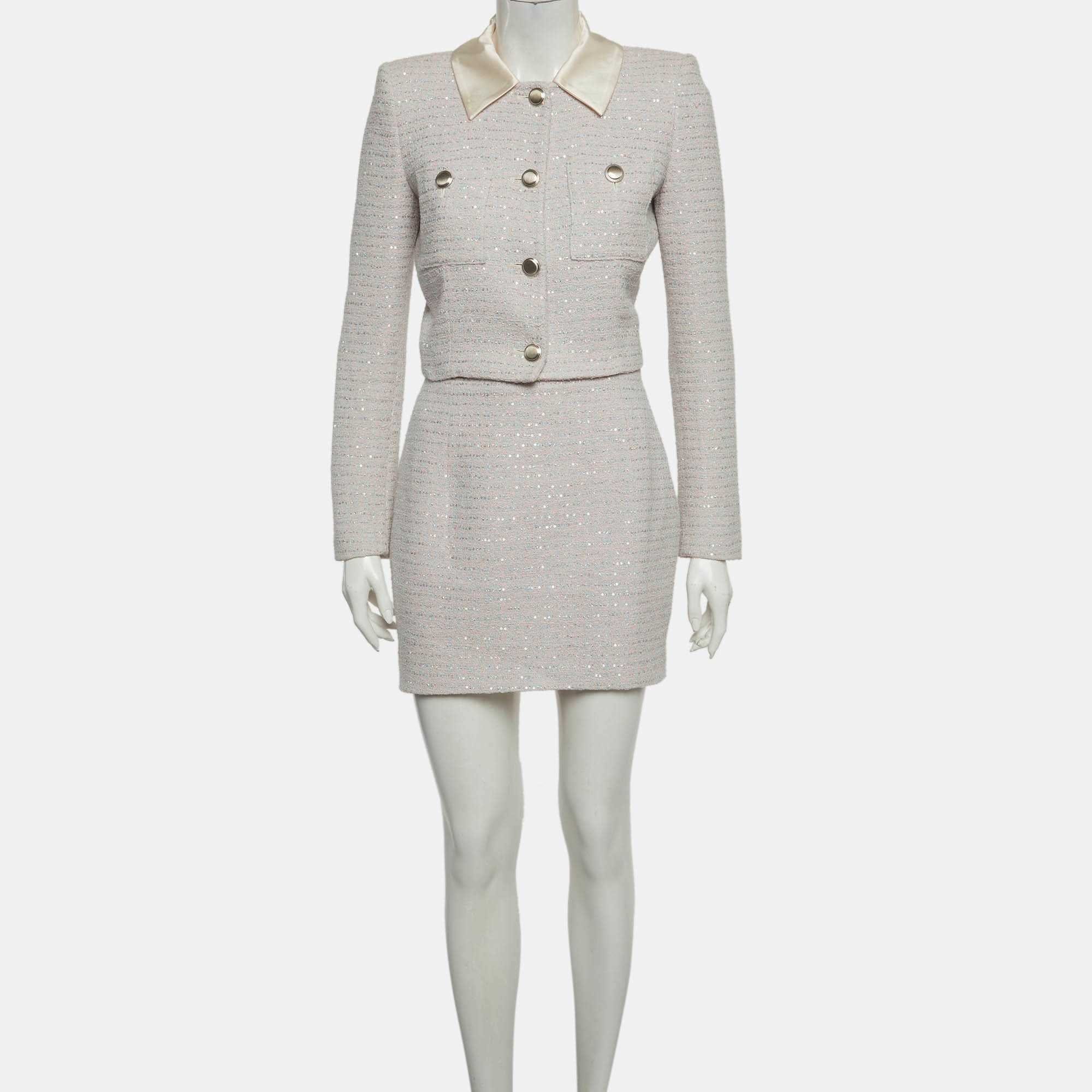 Alessandra Rich Pink Sequin Tweed Cropped Jacket & Mini Skirt