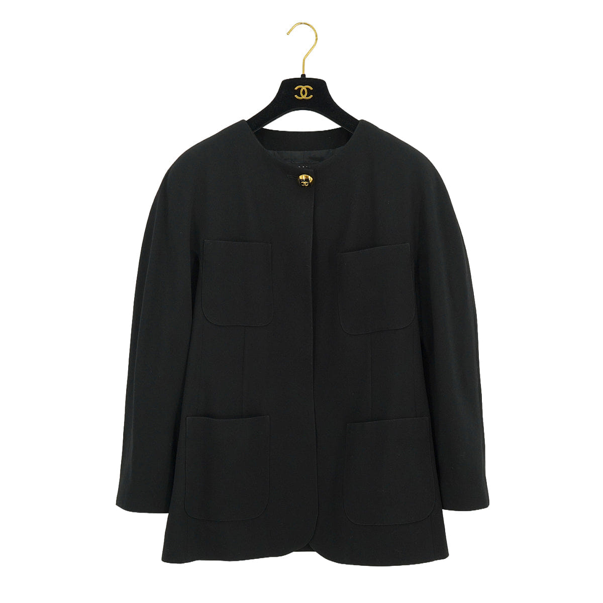 VINTAGE CHANEL COCO BUTTON NO COLLAR JACKET BLACK WOOL 42 RTW 90332936