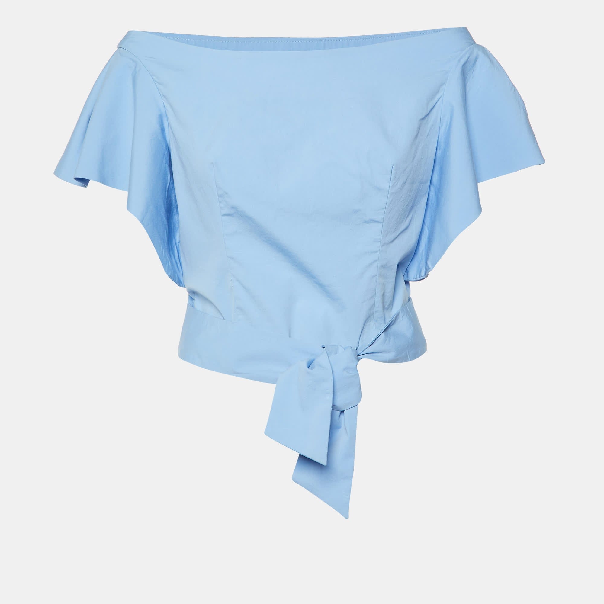 Blue Cotton Off - Shoulder Tie - Up Waist Detail Top