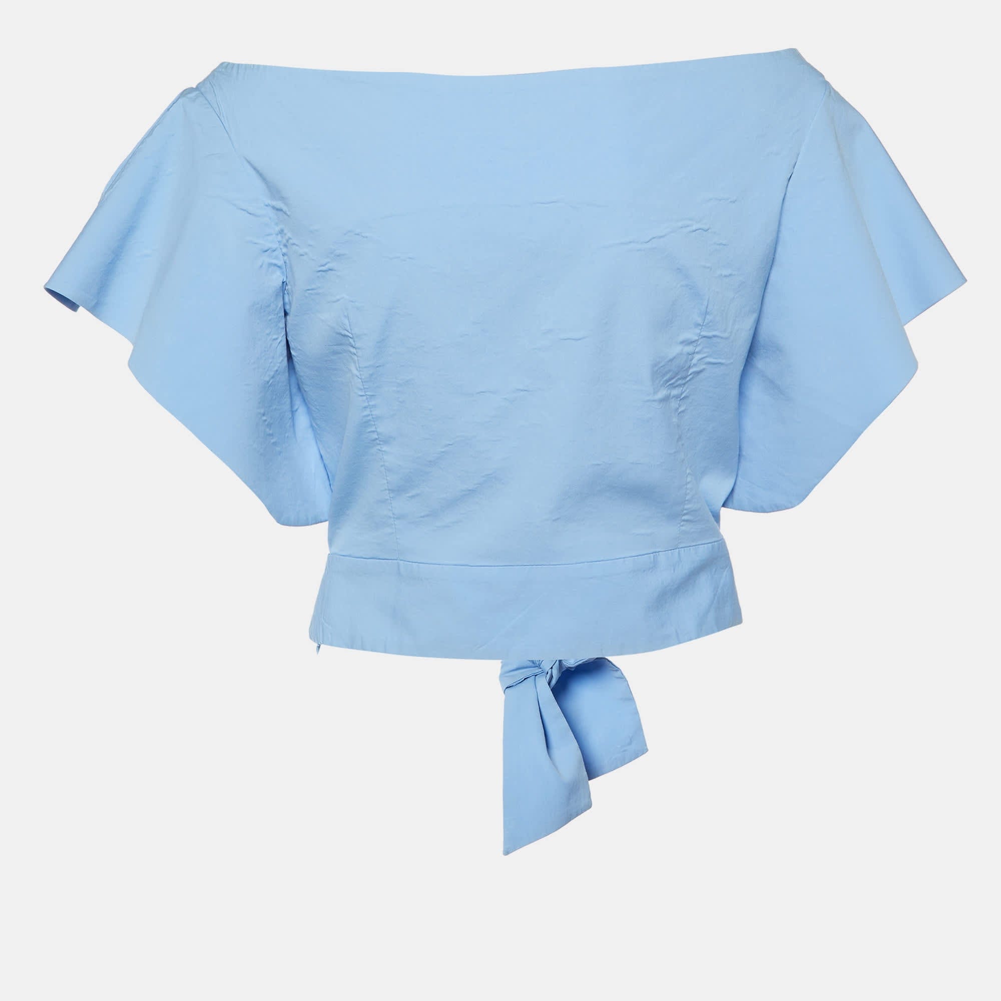 Blue Cotton Off - Shoulder Tie - Up Waist Detail Top