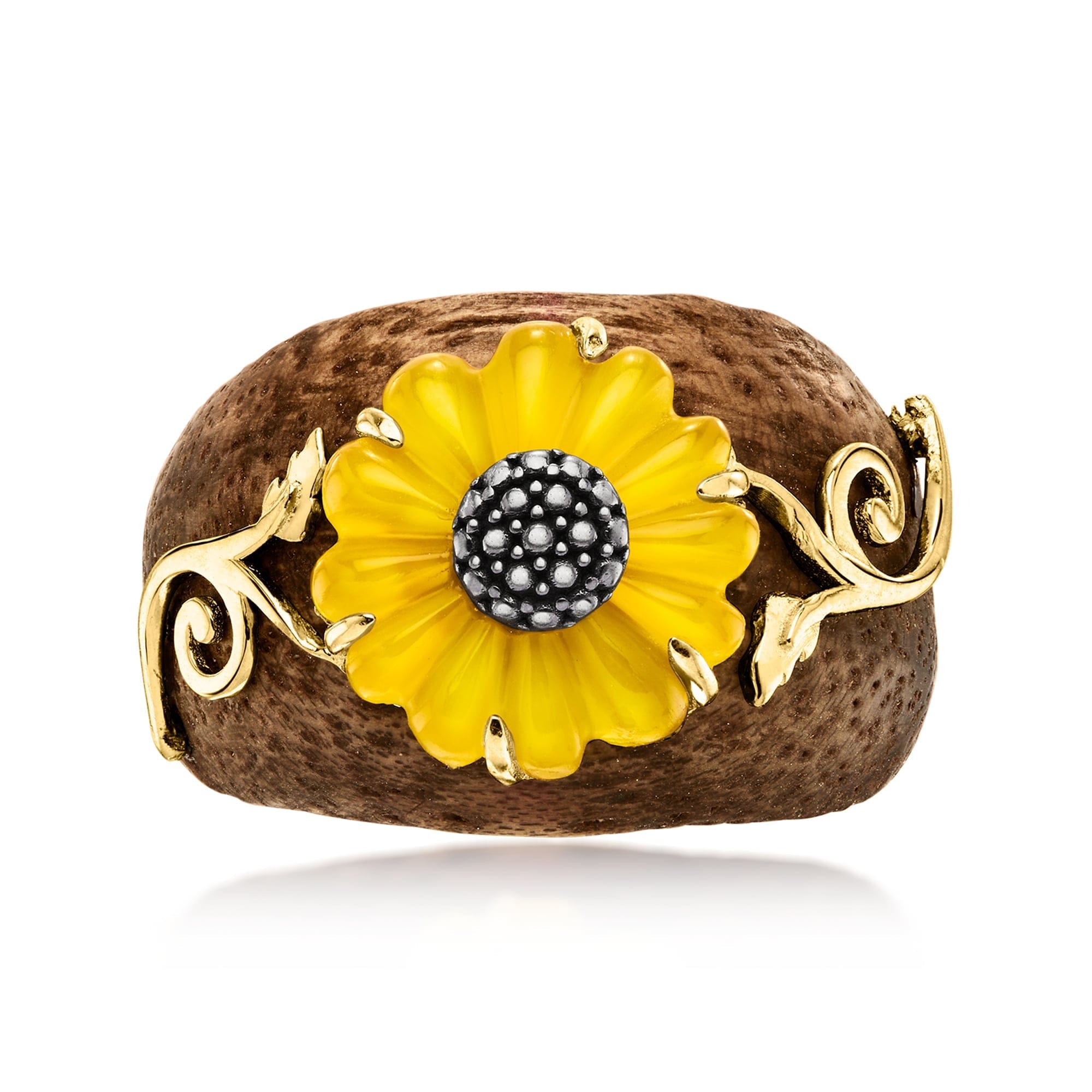 Sunflower Ross - Simons Wooden Sunflower Ring With Yellow Chalcedony and 18kt Gold Over Sterling