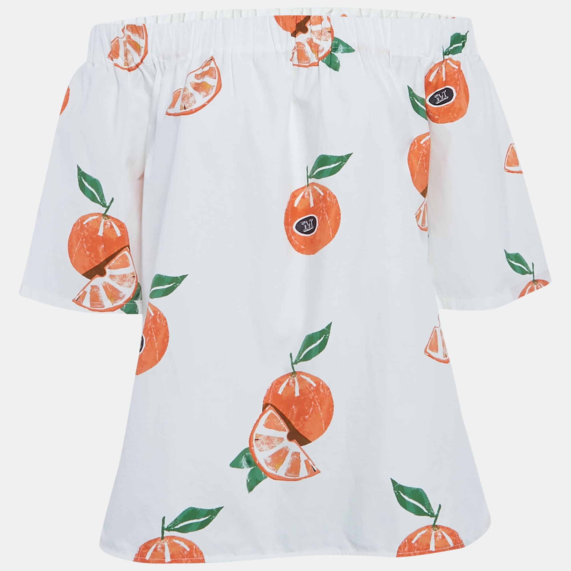 Max Mara White Orange Print Poplin Off - Shoulder Blouse
