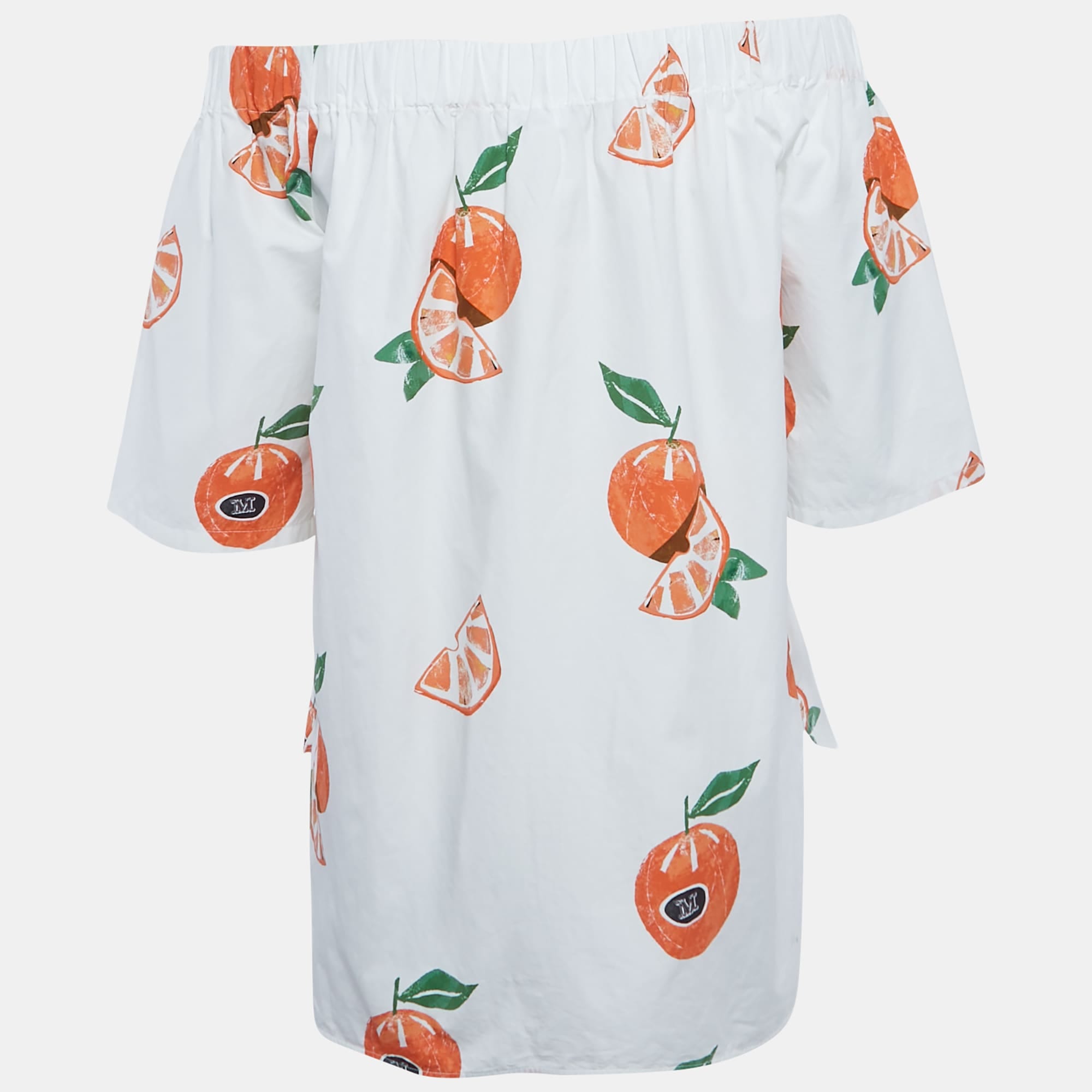 Max Mara White Orange Print Poplin Off - Shoulder Blouse