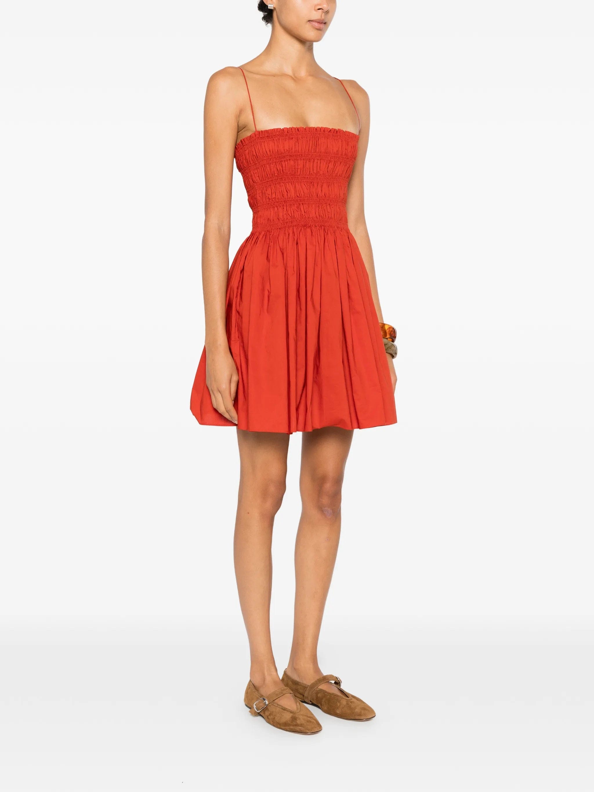 Matteau shirred - bodice spaghetti - straps cotton mini dress
