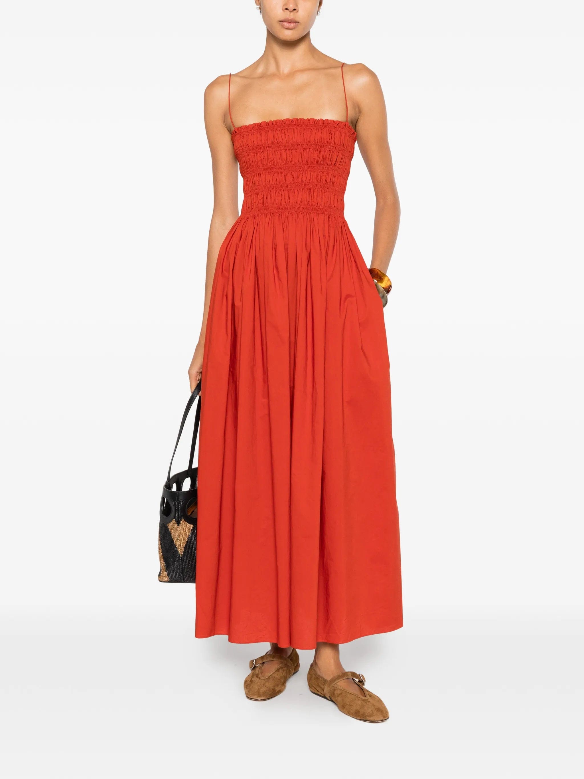 Matteau shirred spaghetti - straps cotton maxi dress