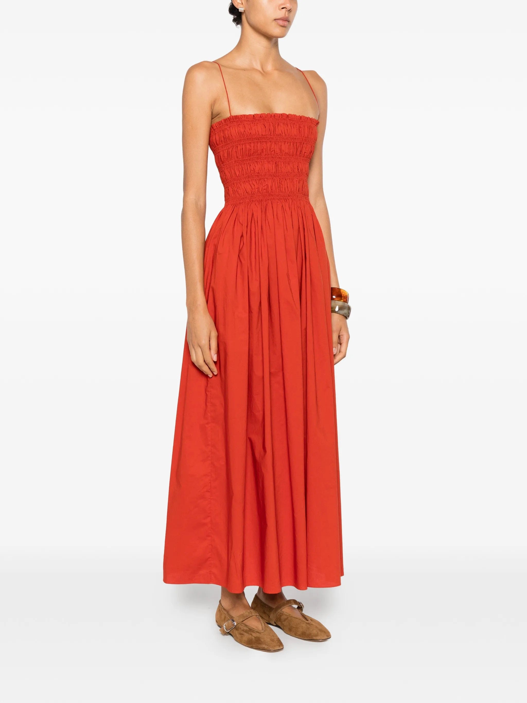 Matteau shirred spaghetti - straps cotton maxi dress