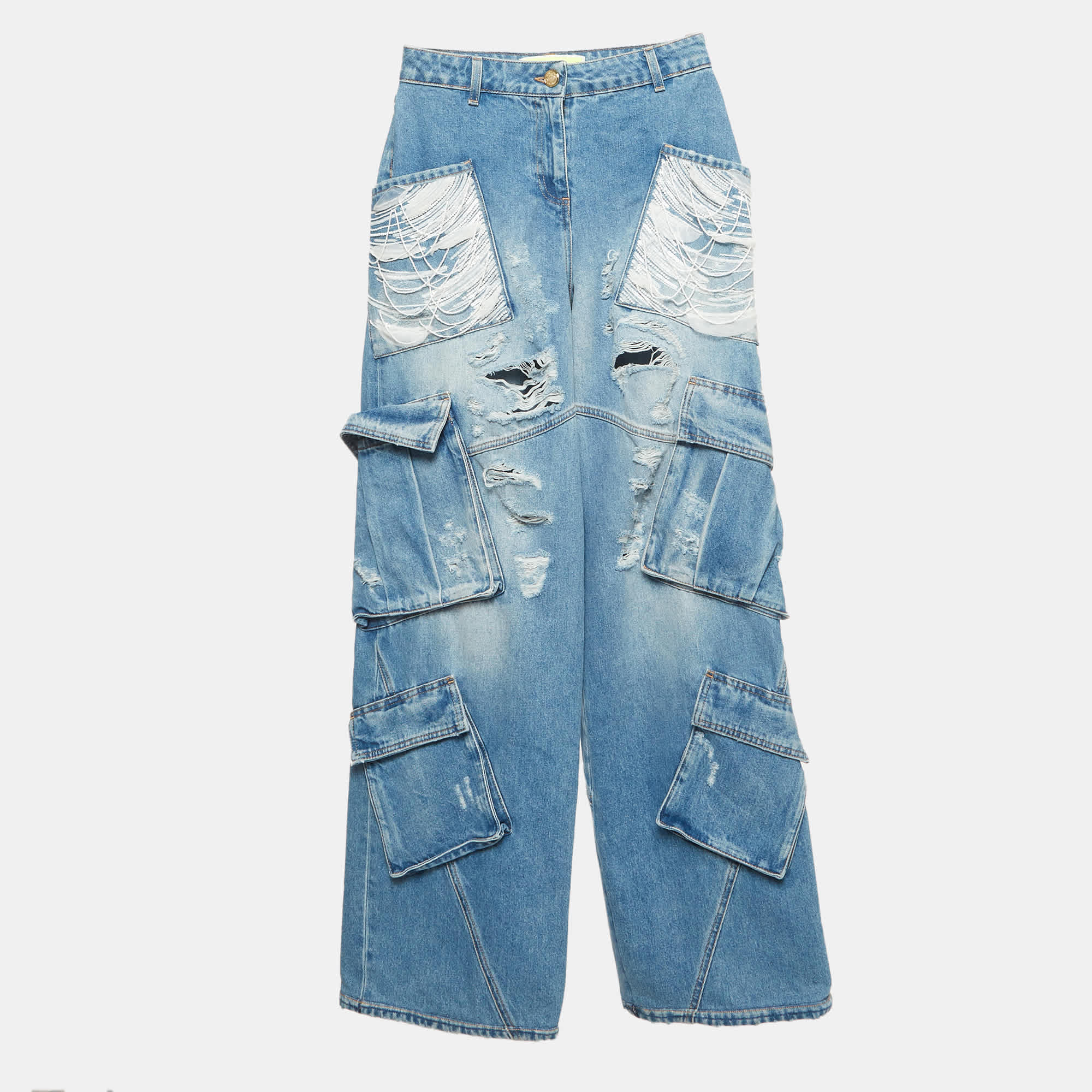 Elisabetta Franchi Blue Denim Sequined Cargo Jeans S/waist