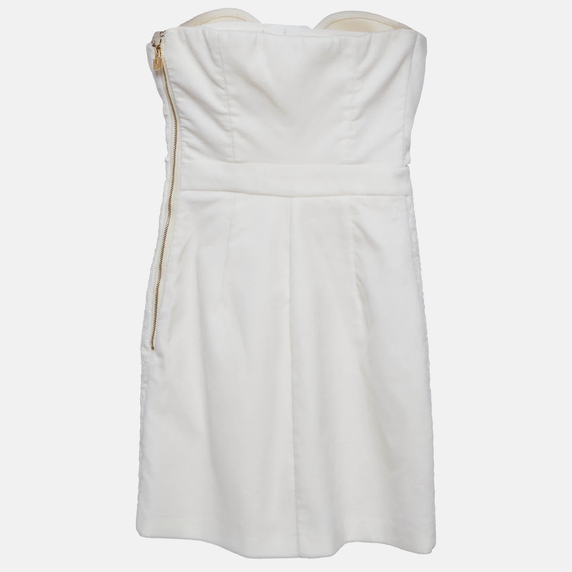 Elisabetta Franchi Off White Textured Velvet Strapless Mini Dress