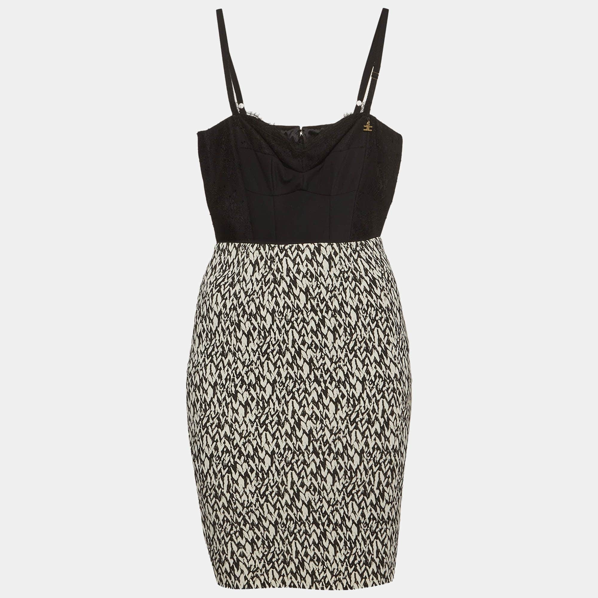 Elisabetta Franchi Monochrome Abstract Print Stretch Crepe Bustier Mini Dress