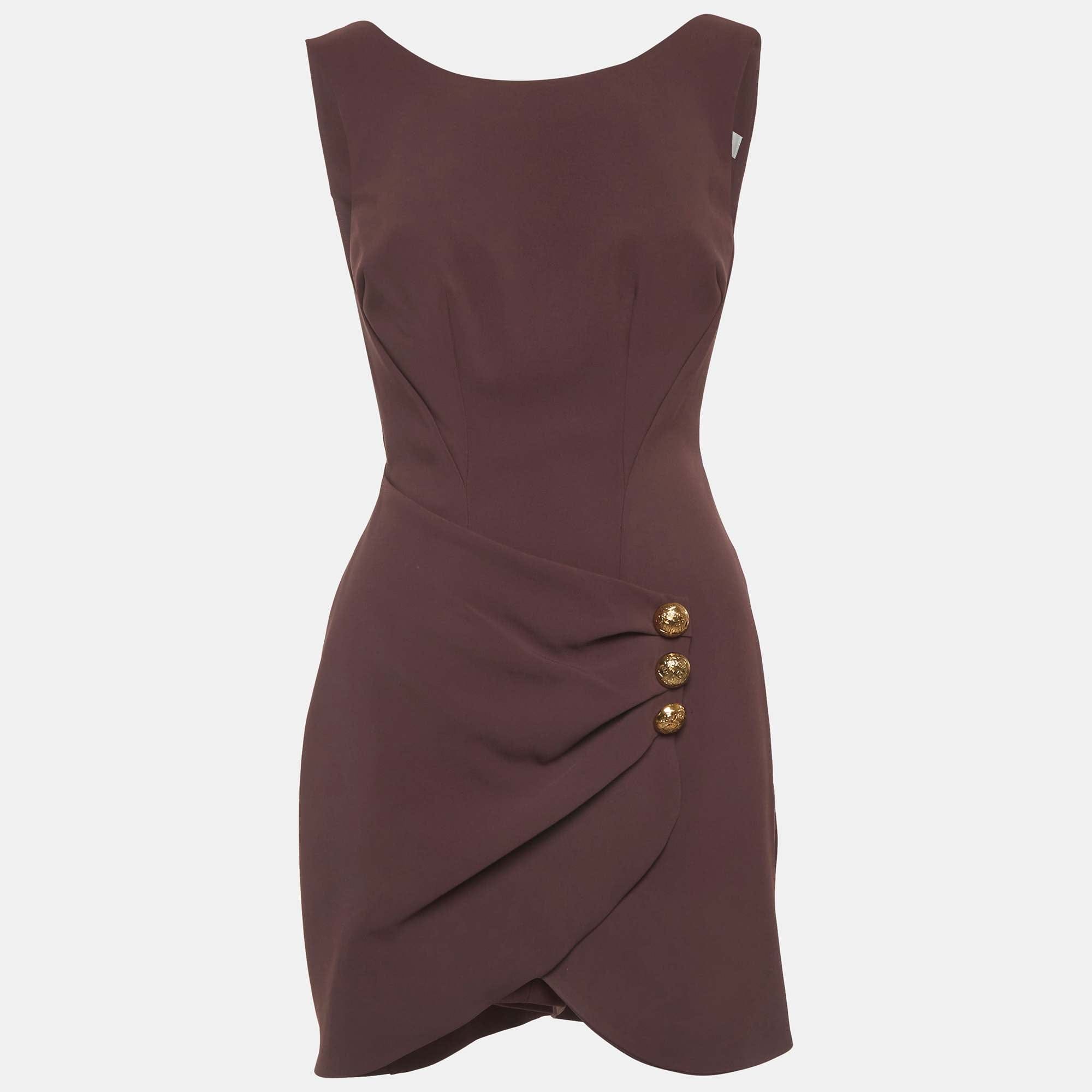 Elisabetta Franchi Brown Stretch Crepe Draped Merlot Mini Dress