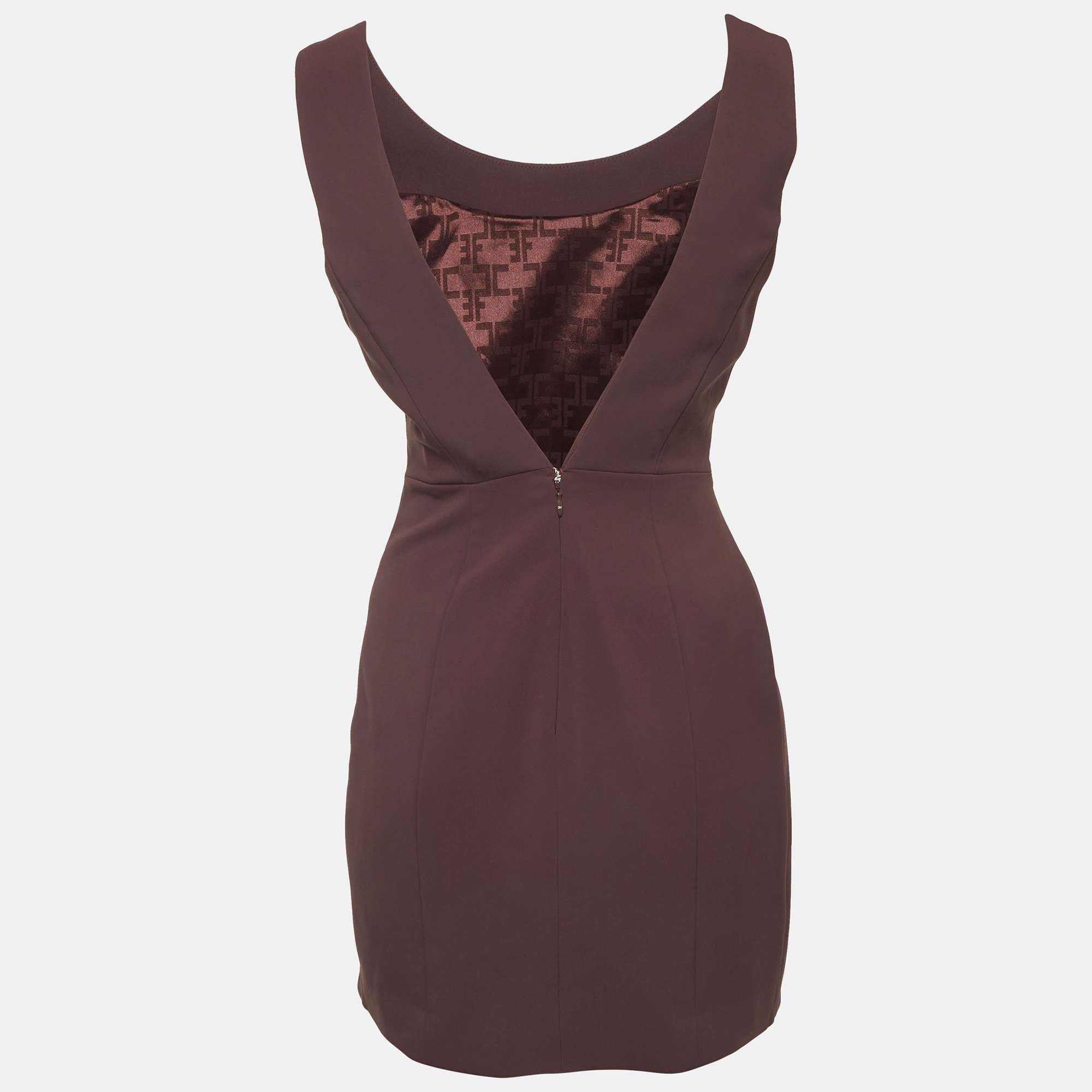 Elisabetta Franchi Brown Stretch Crepe Draped Merlot Mini Dress