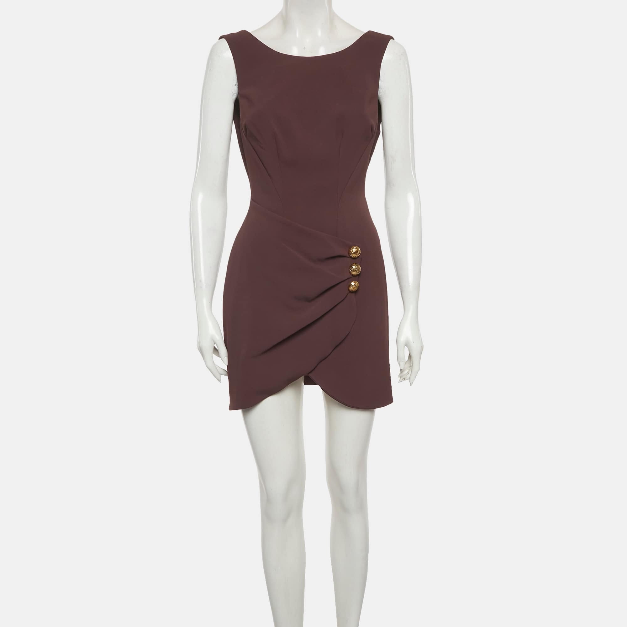 Elisabetta Franchi Brown Stretch Crepe Draped Merlot Mini Dress