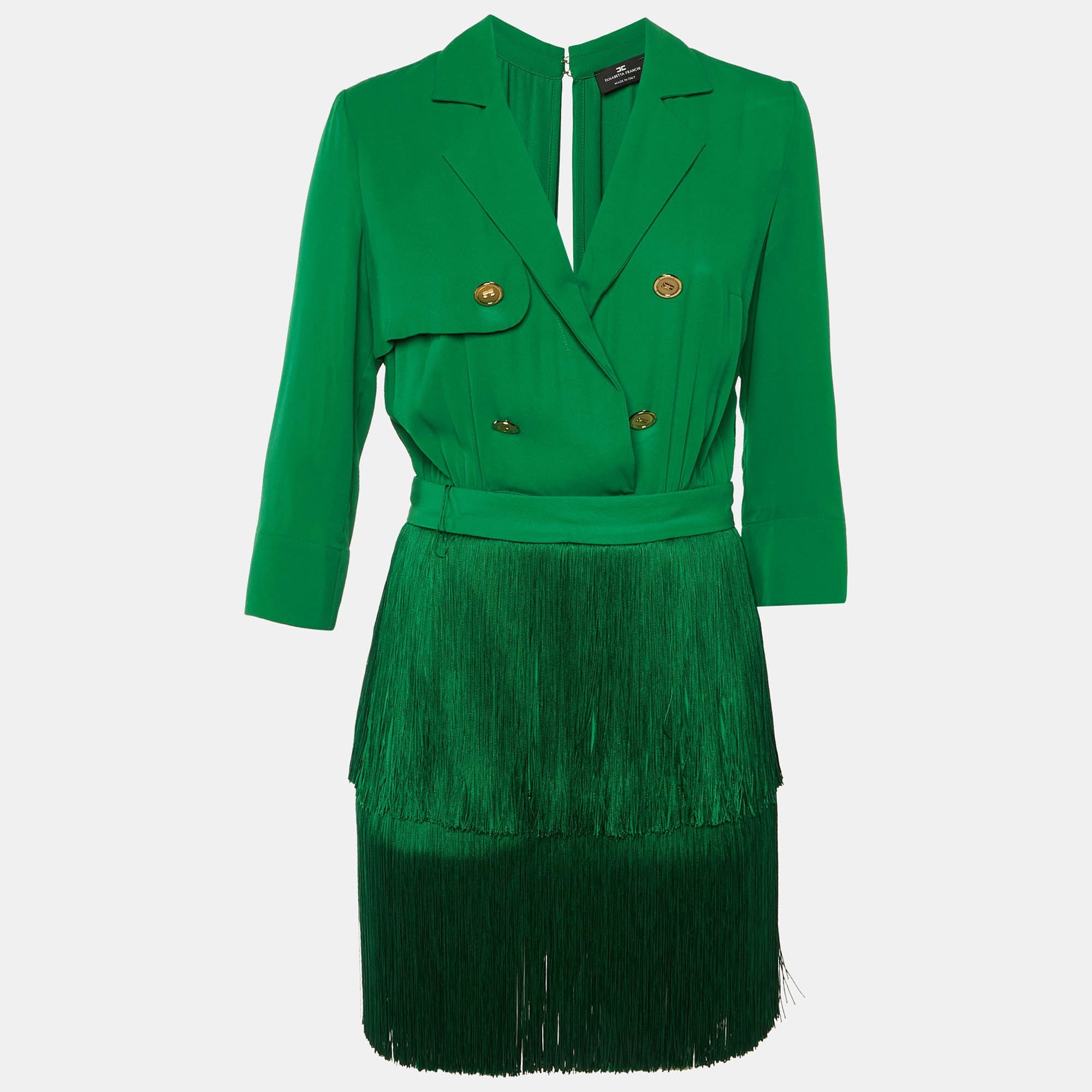 Elisabetta Franchi Green Crepe Fringe Detachable Mini Dress