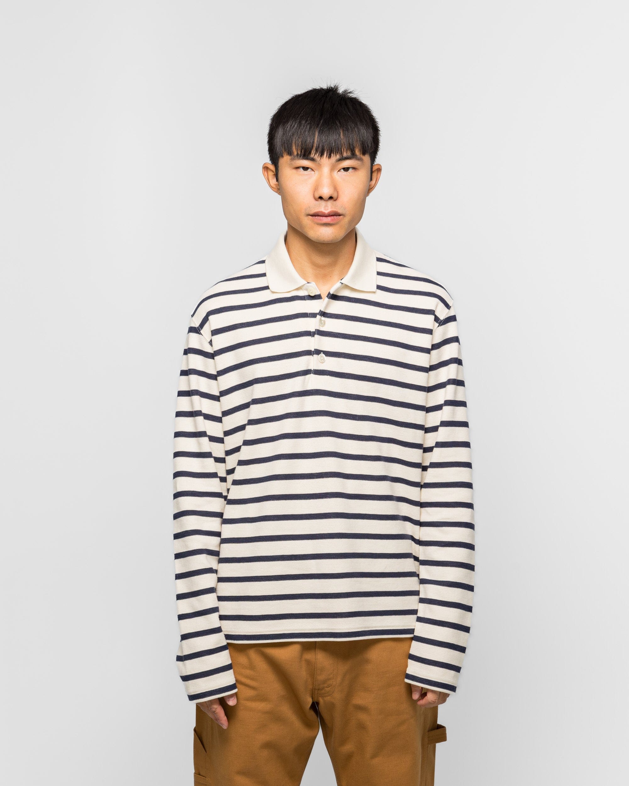 Junya Watanabe MAN Striped Long Sleeve Polo - Natural/Navy