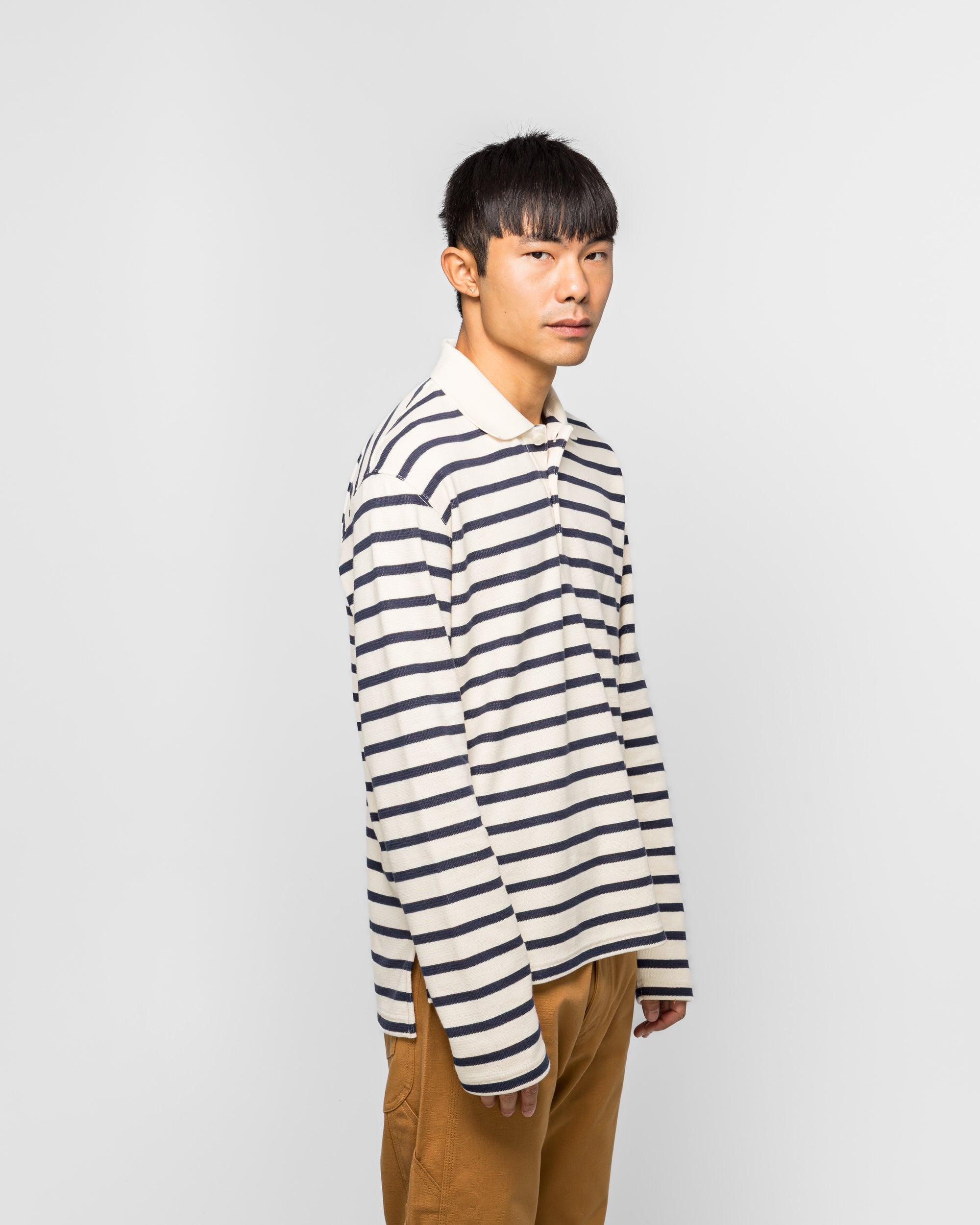 Junya Watanabe MAN Striped Long Sleeve Polo - Natural/Navy