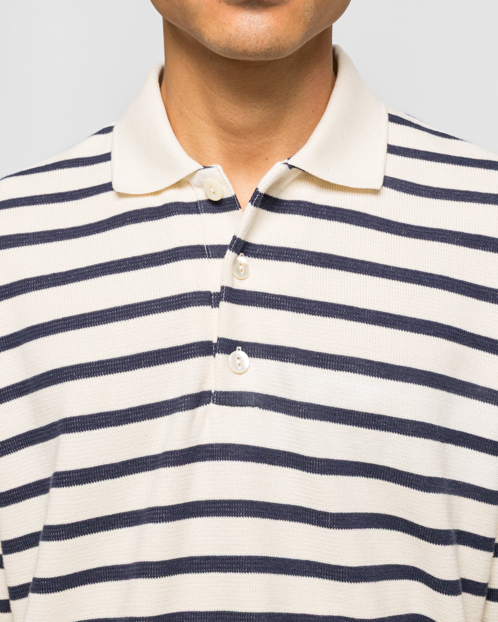 Junya Watanabe MAN Striped Long Sleeve Polo - Natural/Navy