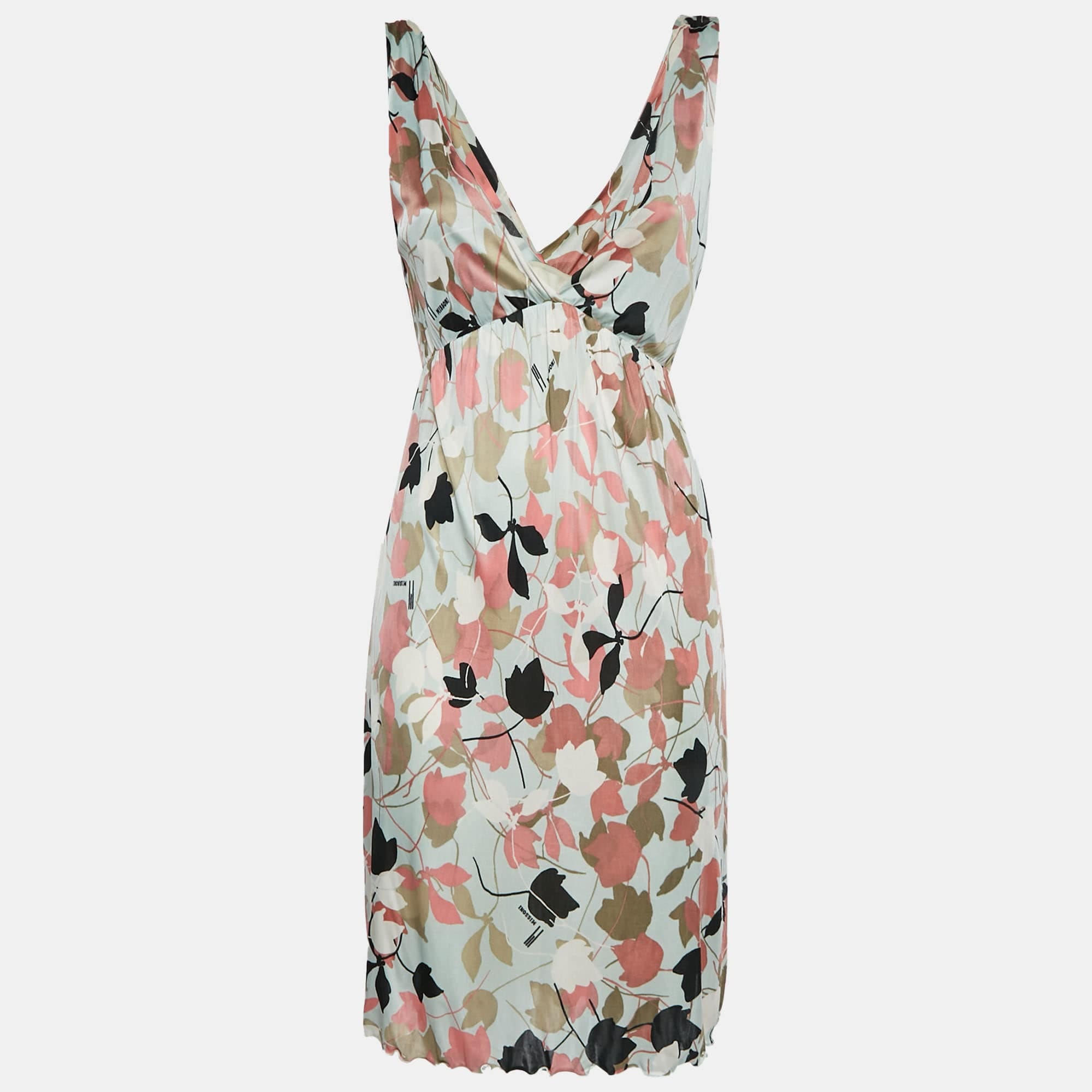 Missoni Multicolour Floral Print Jersey Plunge Neck Midi Dress