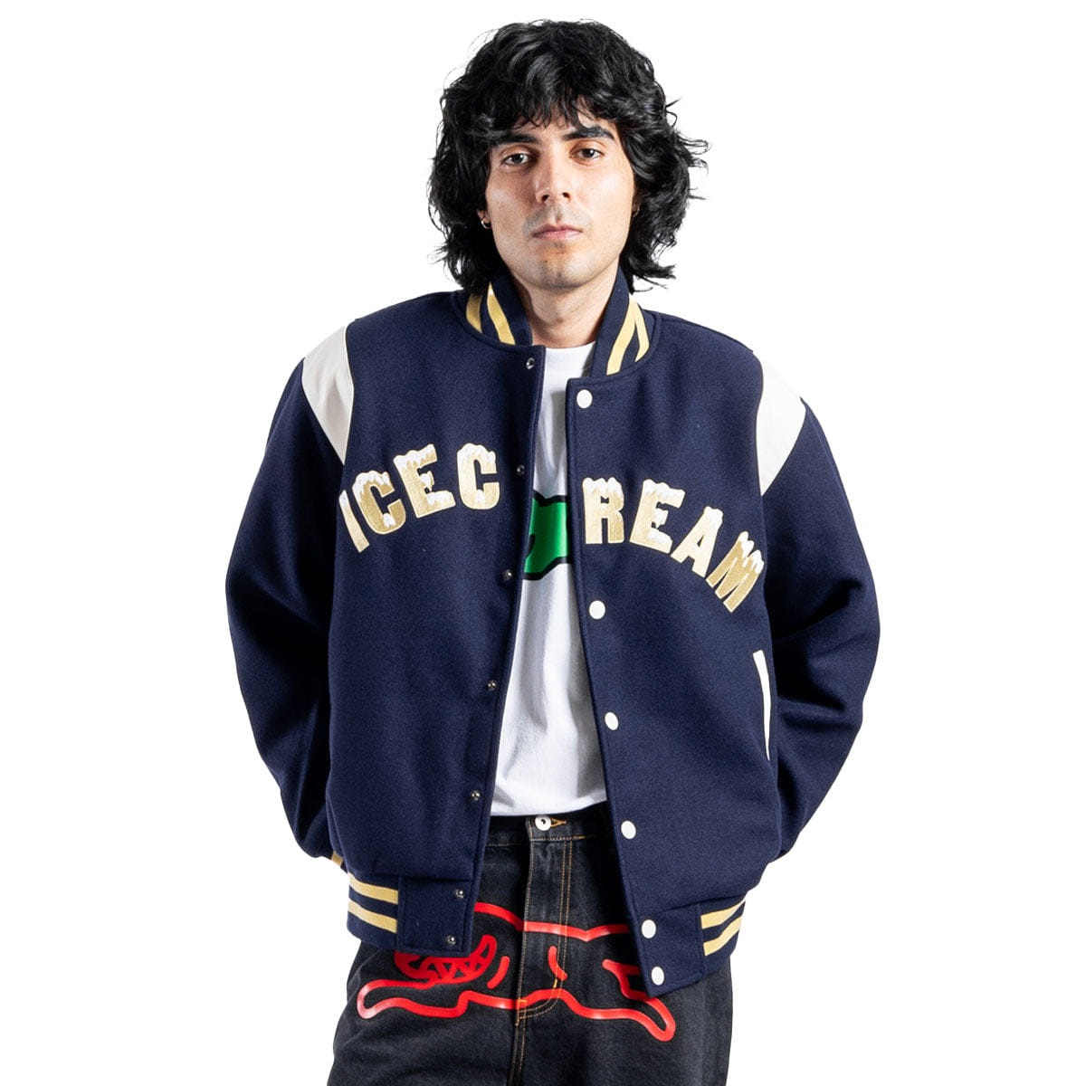 ICE CREAM Drippy Varsity Jacket Navy