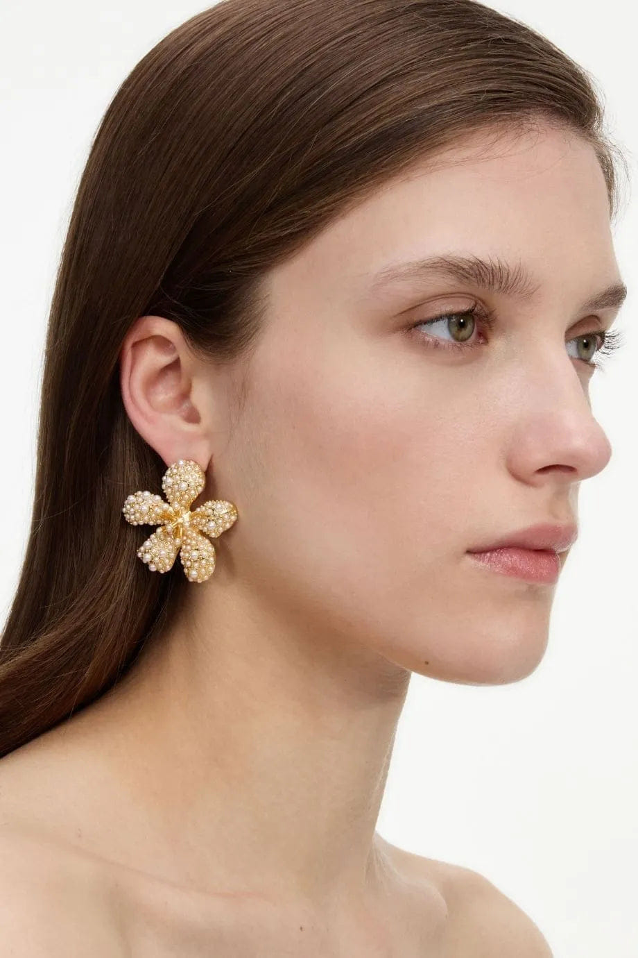 Self Portrait Pearls Encrusted Floral Earrings in Gold