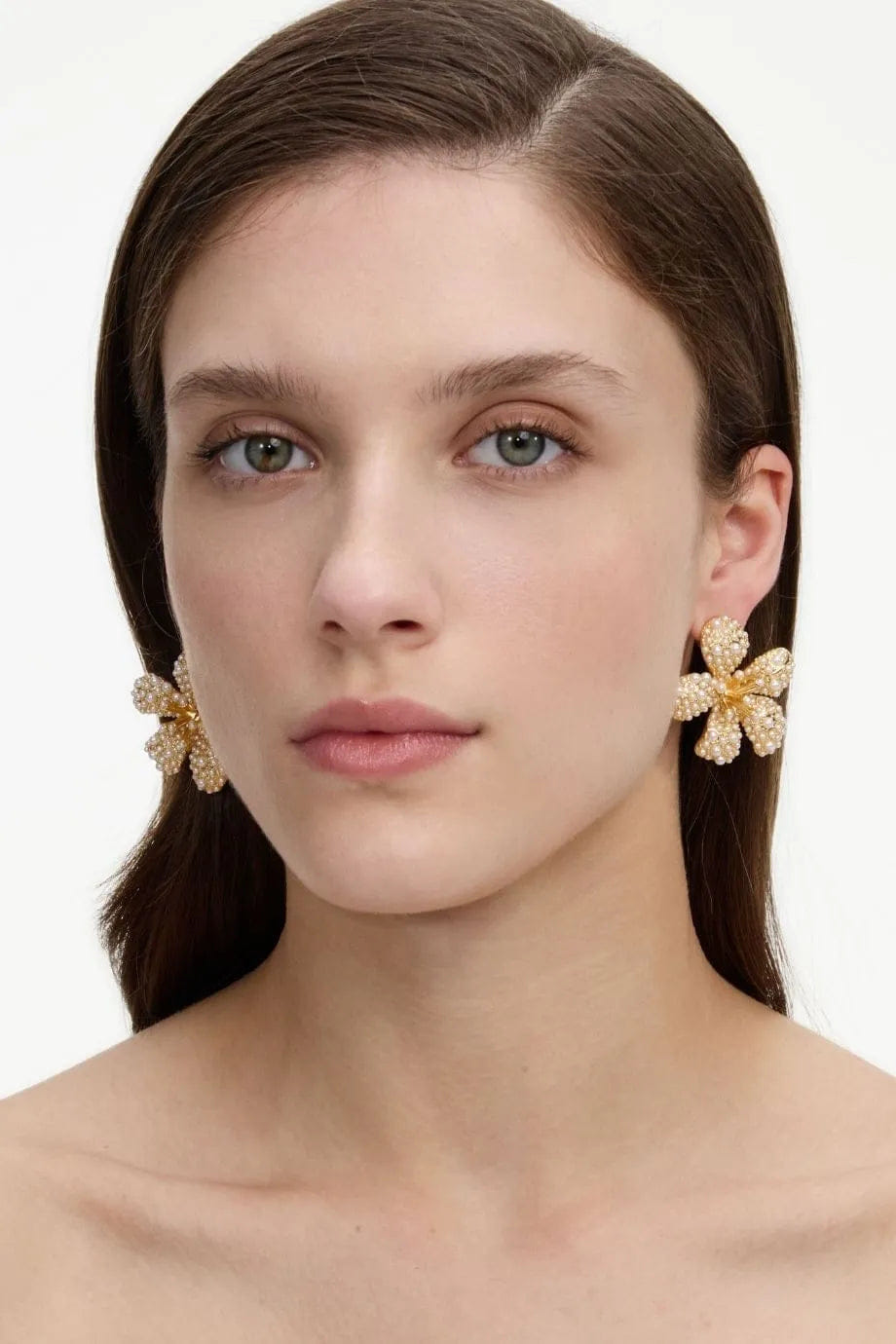 Self Portrait Pearls Encrusted Floral Earrings in Gold