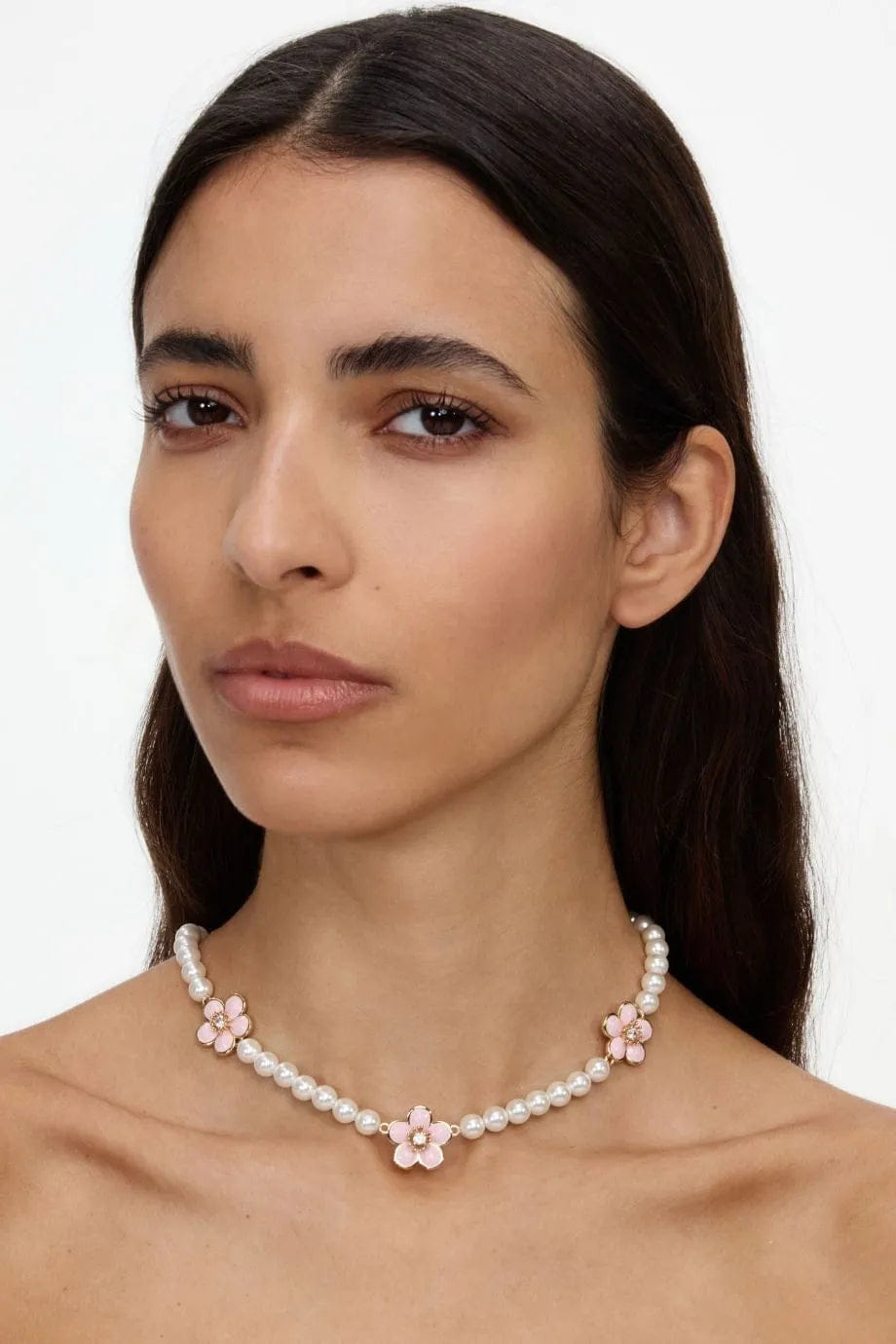 Self Portrait Enamel Floral Pearl Choker Necklace in Pink