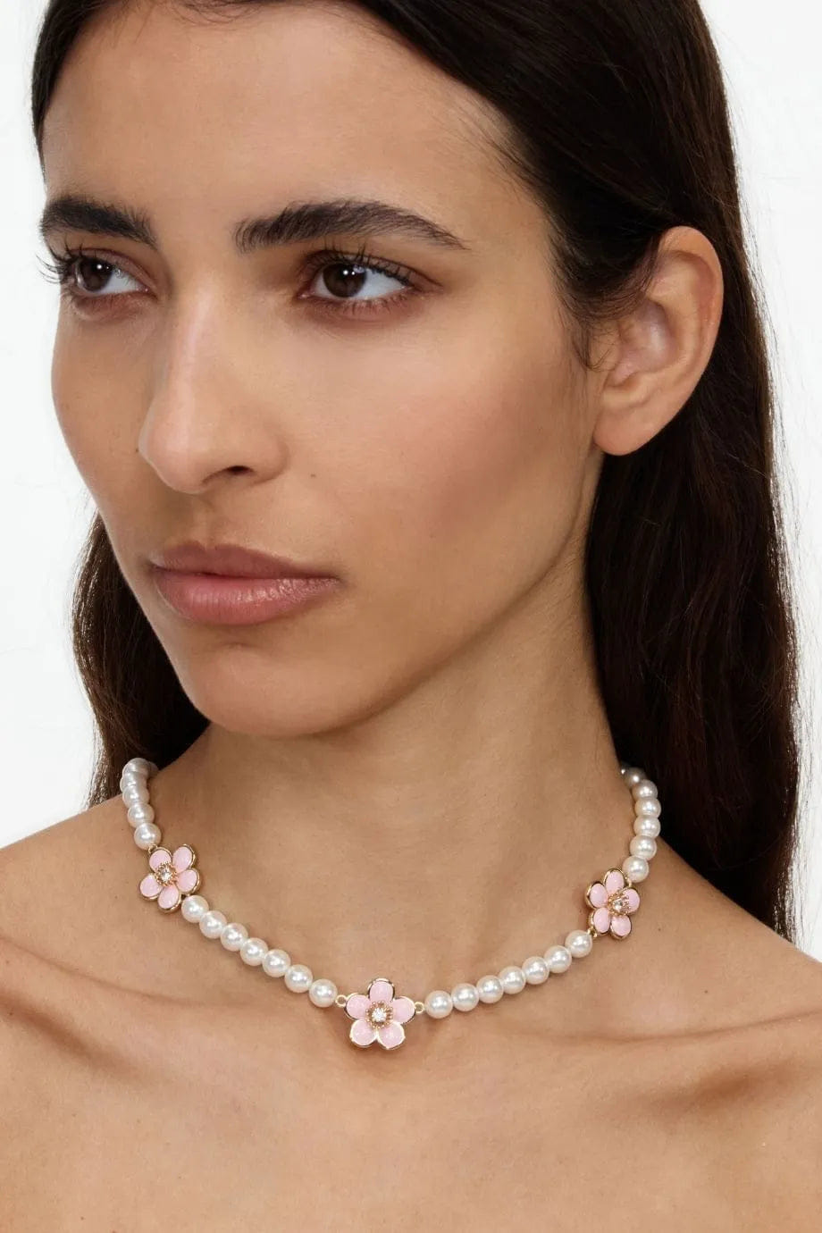 Self Portrait Enamel Floral Pearl Choker Necklace in Pink