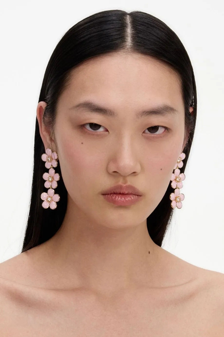 Self Portrait Enamel Floral Tiered Earrings in Pink