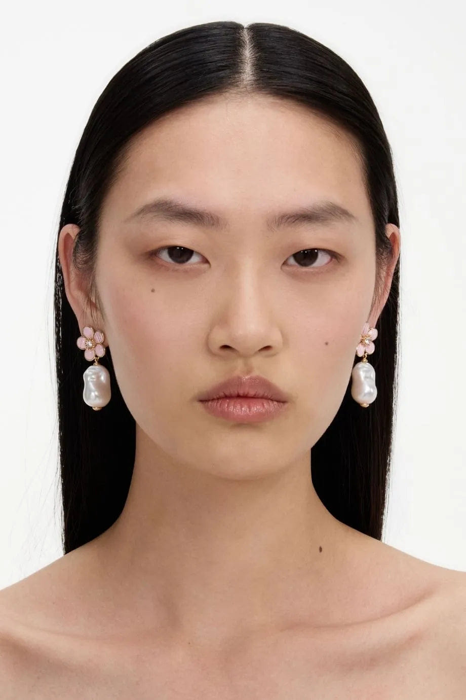 Self Portrait Floral Pearl Drop Earrings in Pink