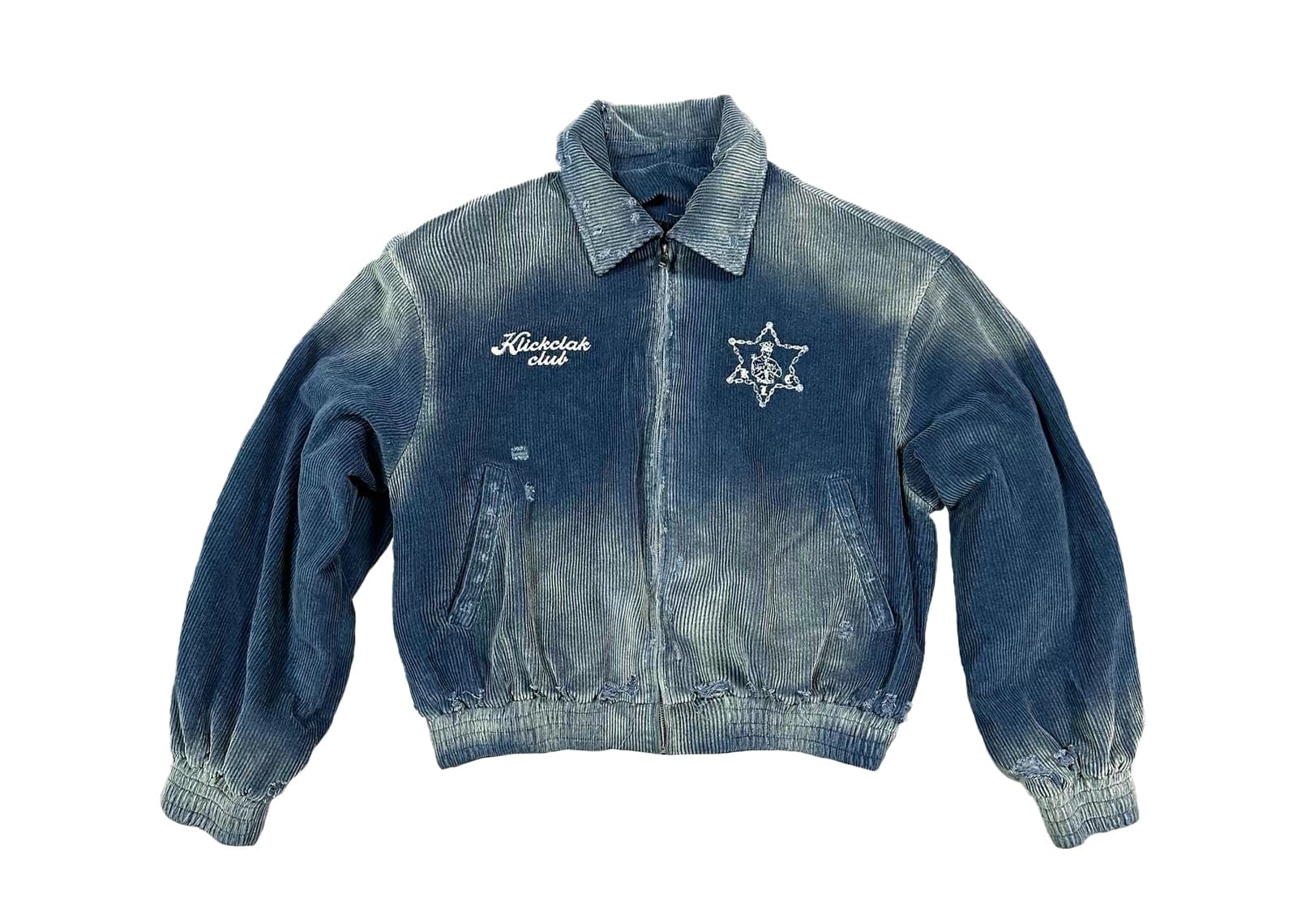 KLICK CLAK Washed Distressed Embroidered Corduroy Jacket Blue