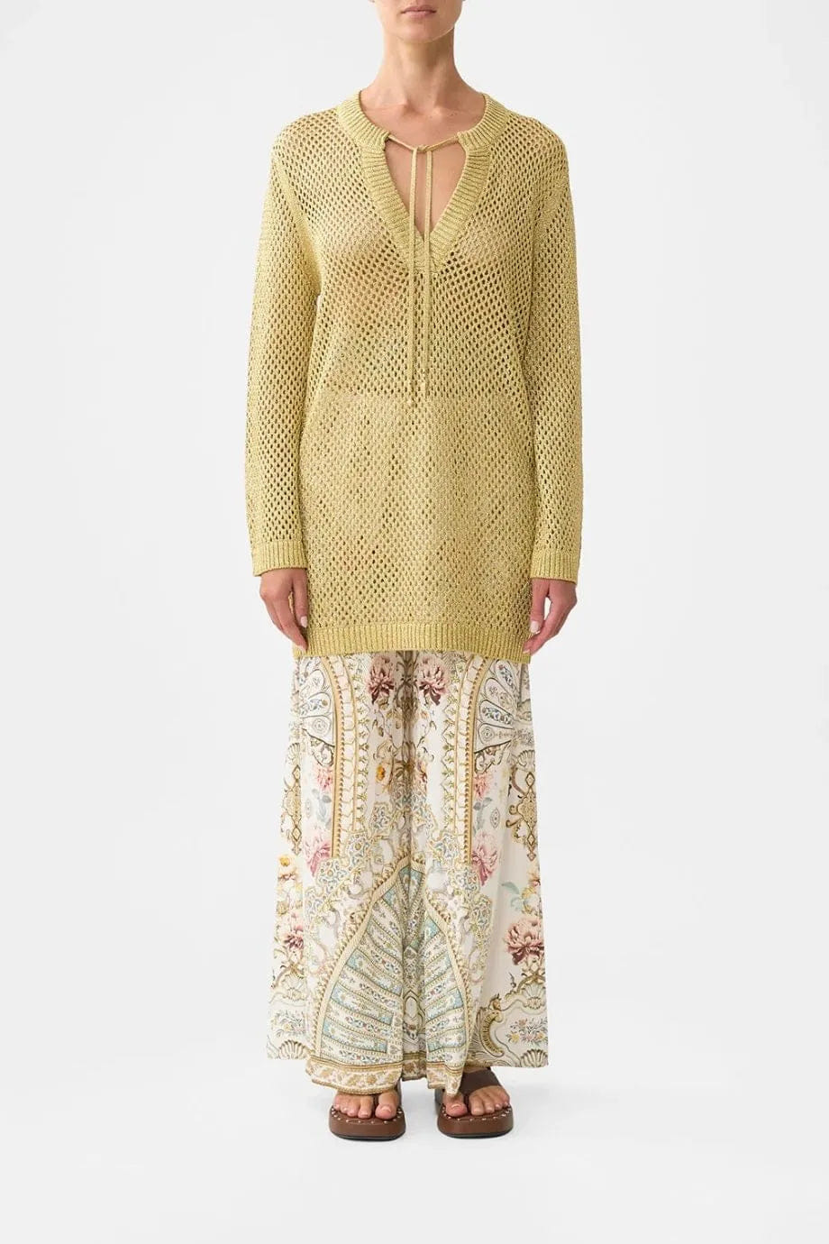Camilla Ottoman Dynasty Knit Pointelle Tunic Top in Beige