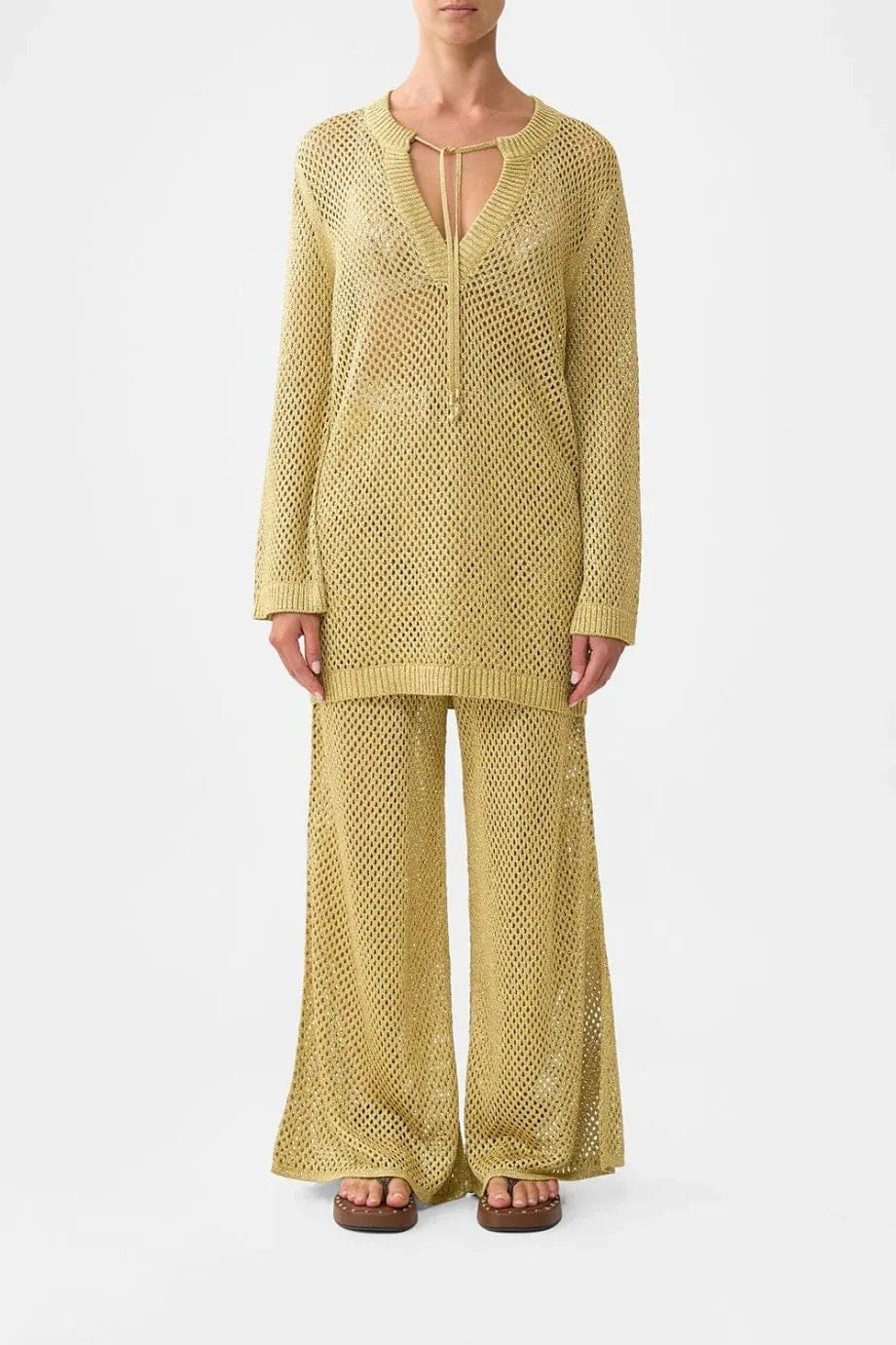 Camilla Ottoman Dynasty Knit Pointelle Tunic Top in Beige