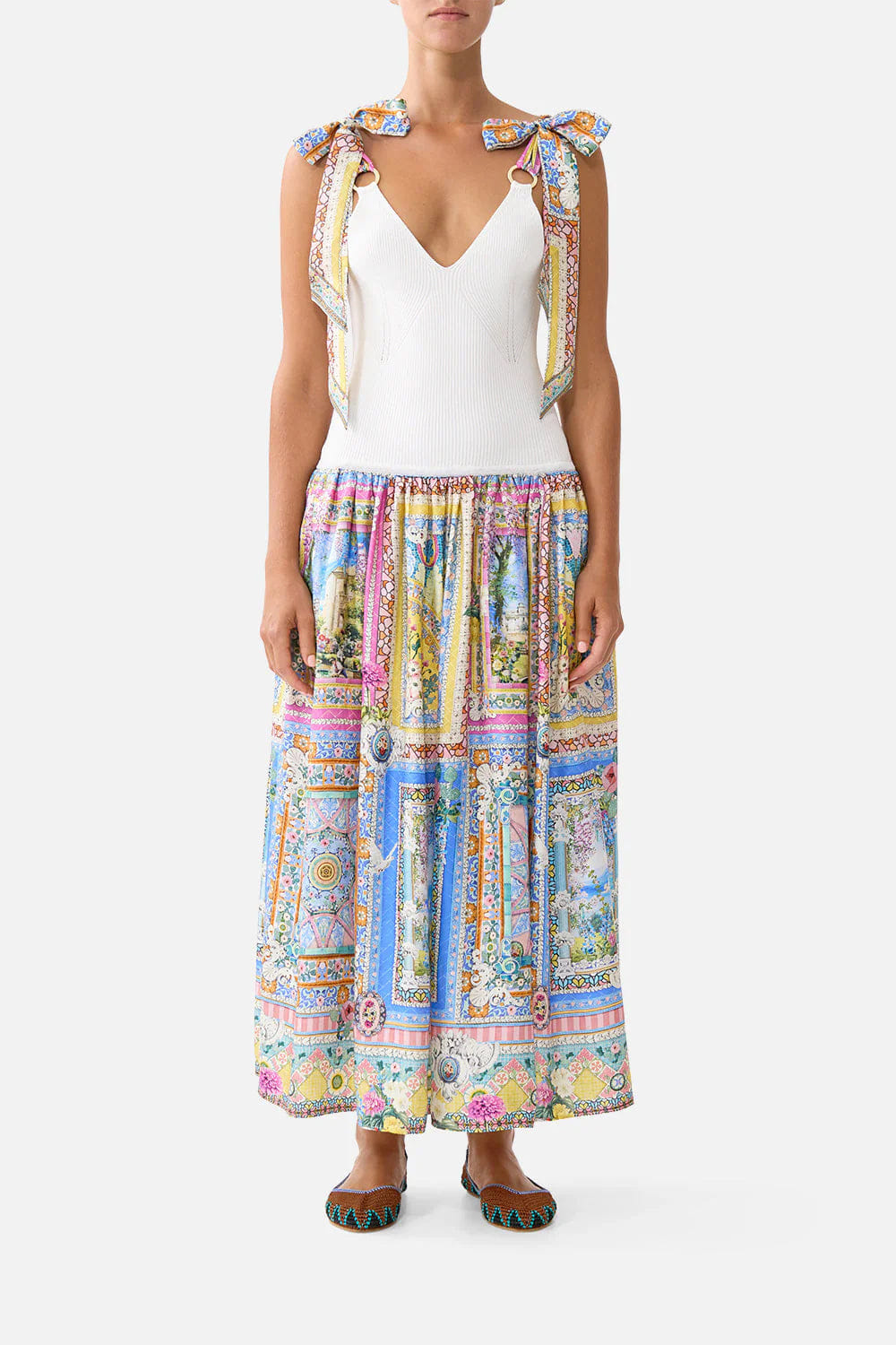 Camilla Navas Nouveau Floral Bodice Sleeveless Midi Dress in White
