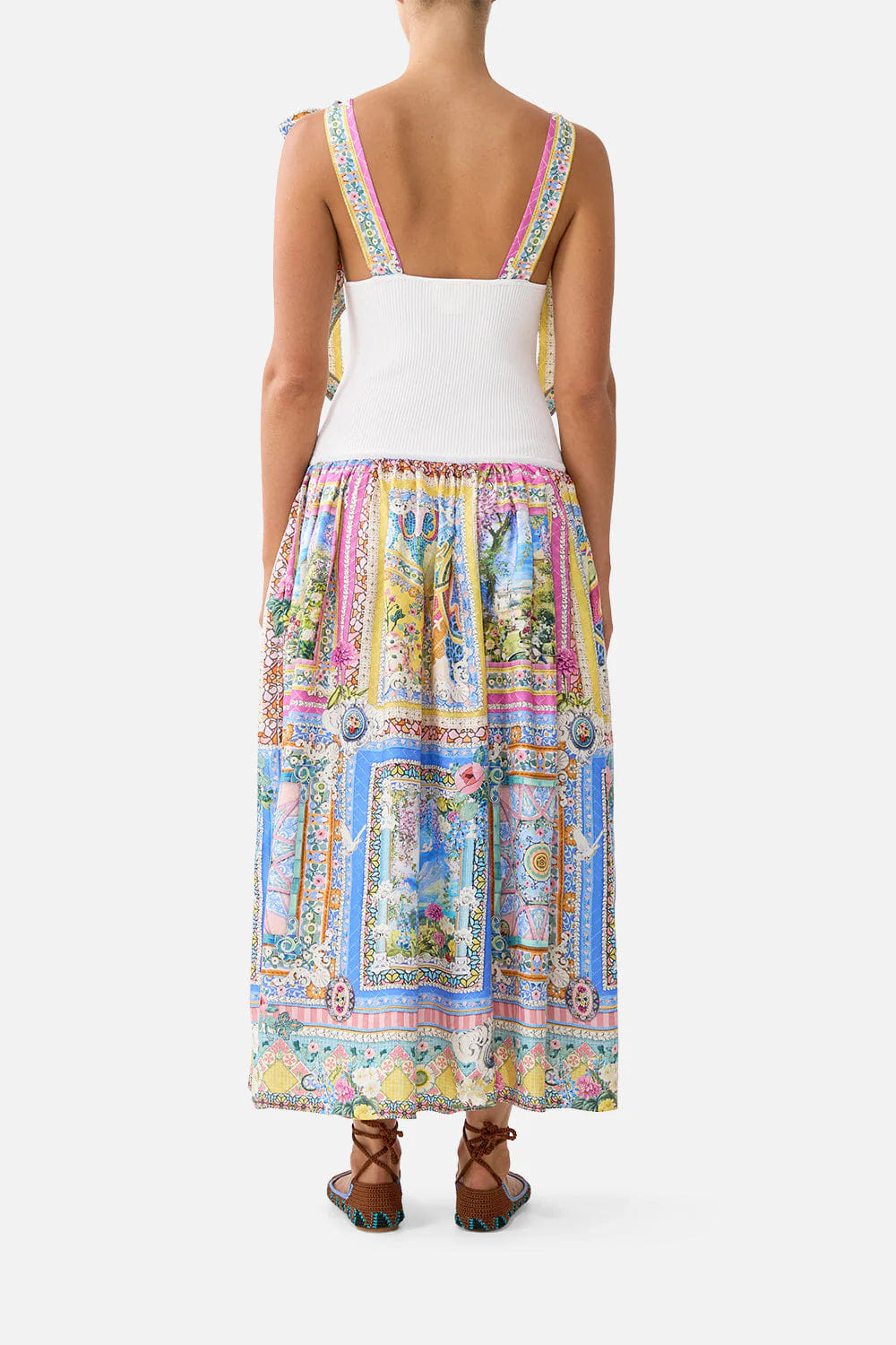 Camilla Navas Nouveau Floral Bodice Sleeveless Midi Dress in White