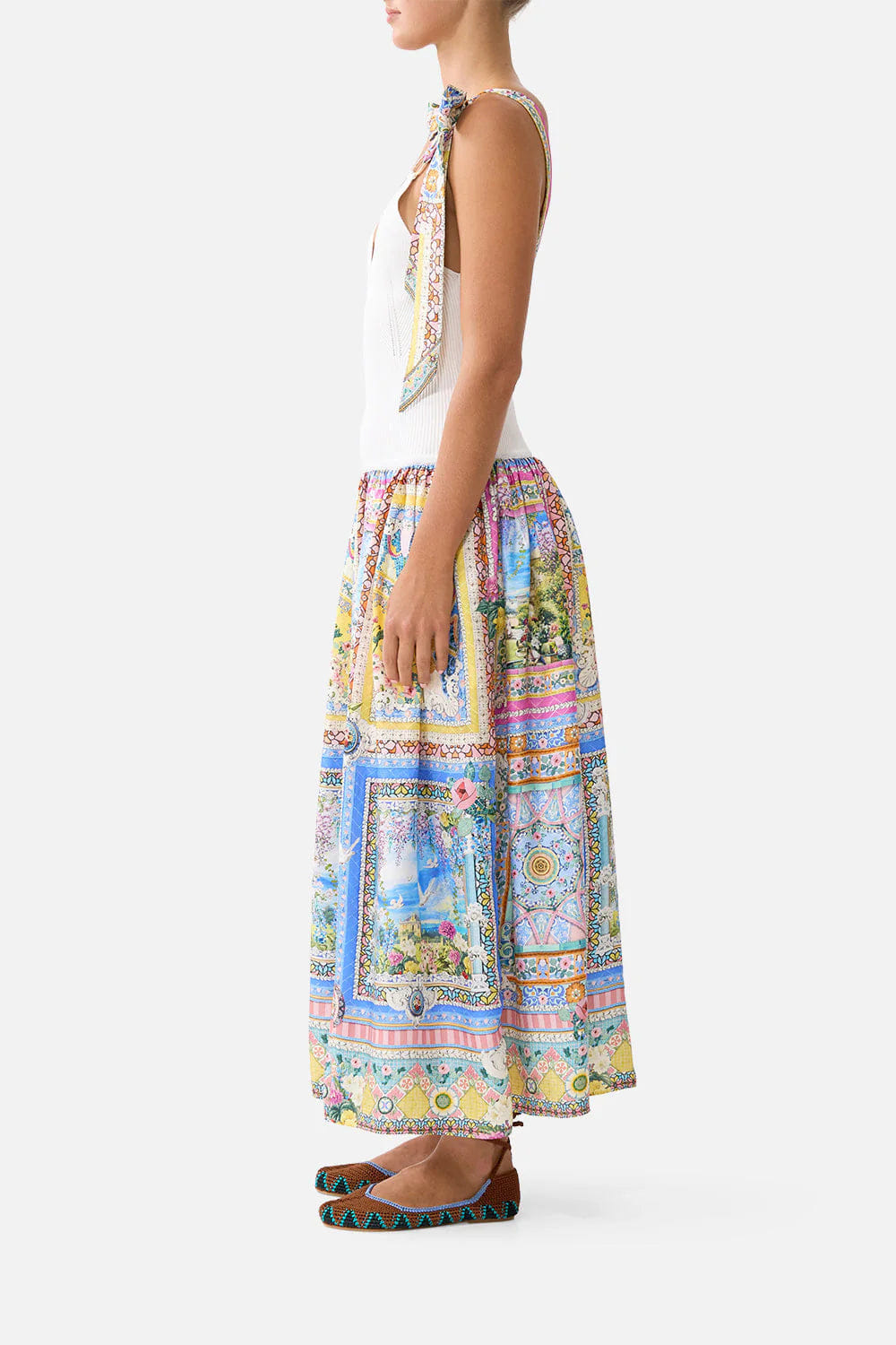 Camilla Navas Nouveau Floral Bodice Sleeveless Midi Dress in White