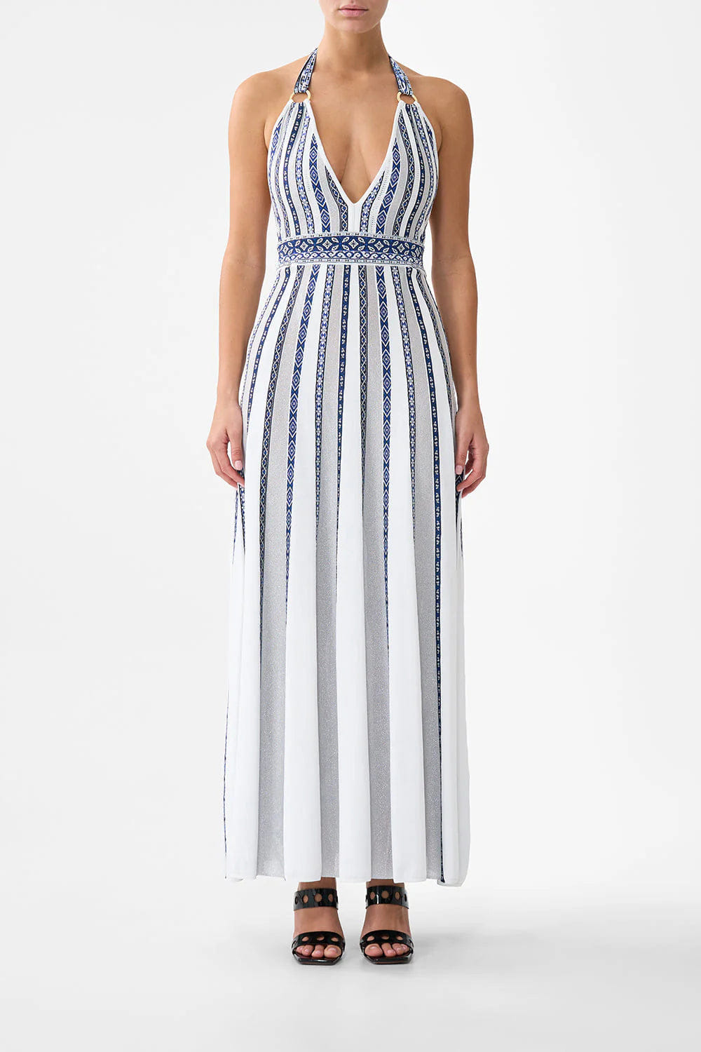 Camilla A Tiled Wonderland Halter Neck Sleeveless Knit Maxi Dress in White