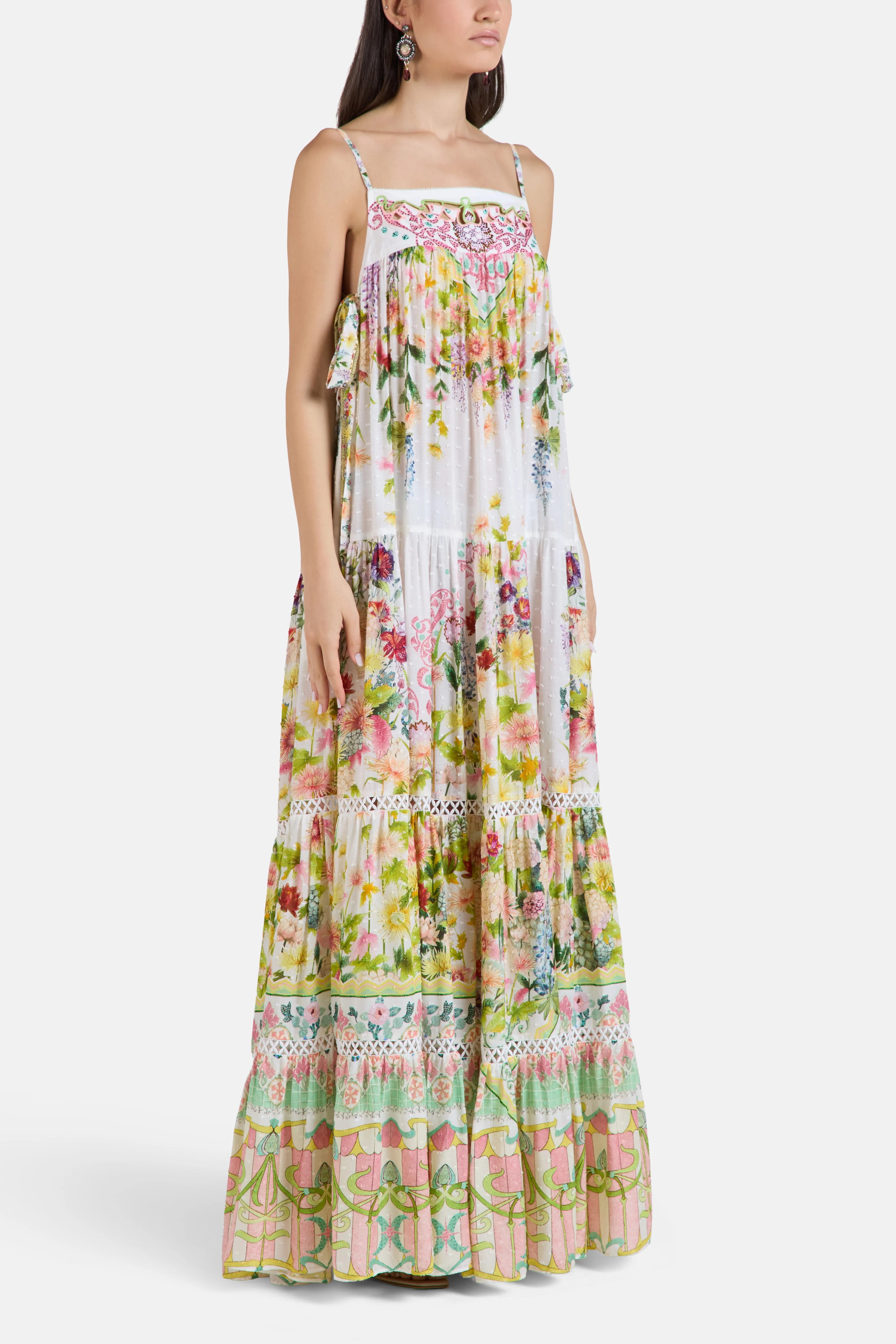Camilla The Call Of Catalonia Floral Sleeveless Tiered Maxi Dress in White