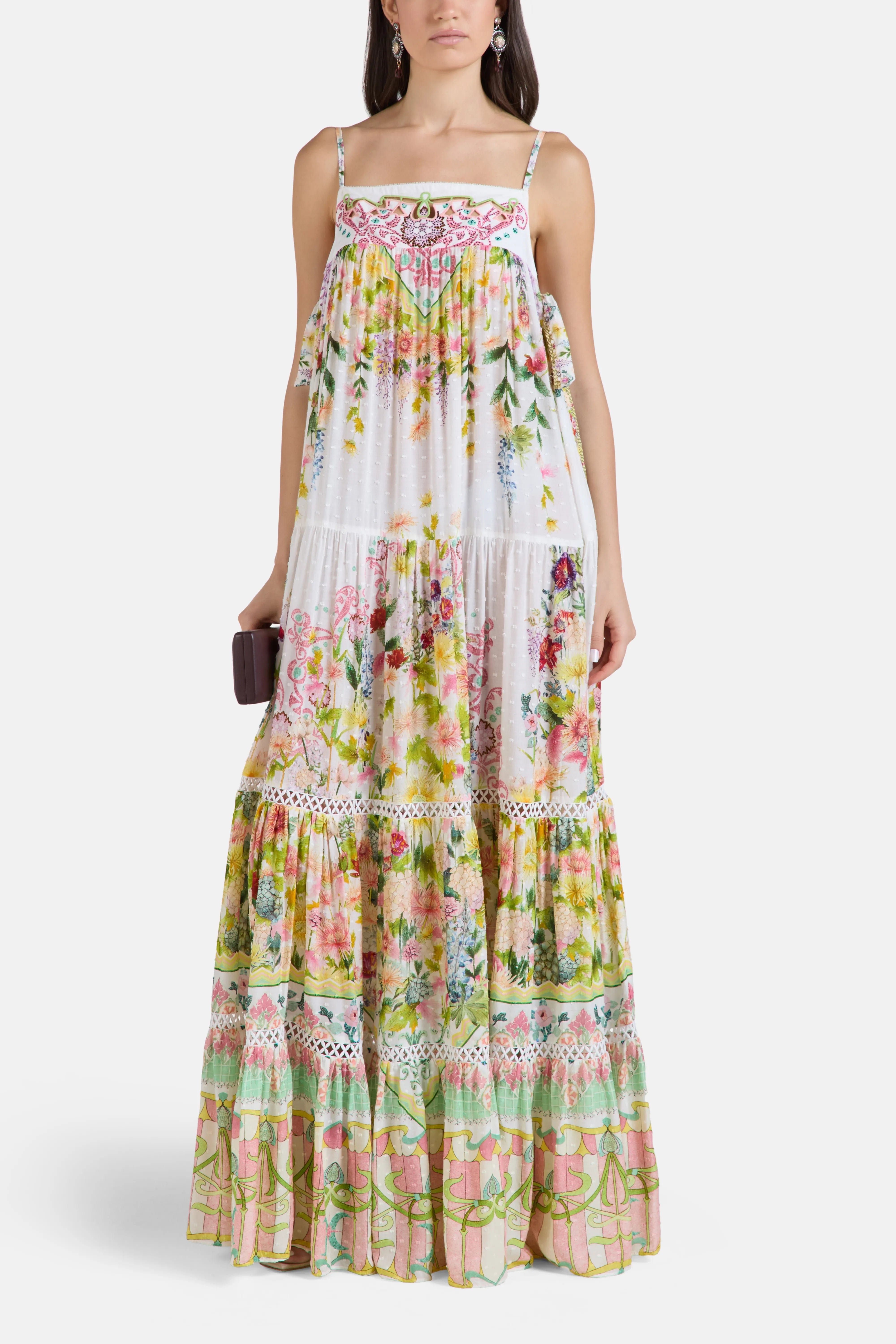 Camilla The Call Of Catalonia Floral Sleeveless Tiered Maxi Dress in White