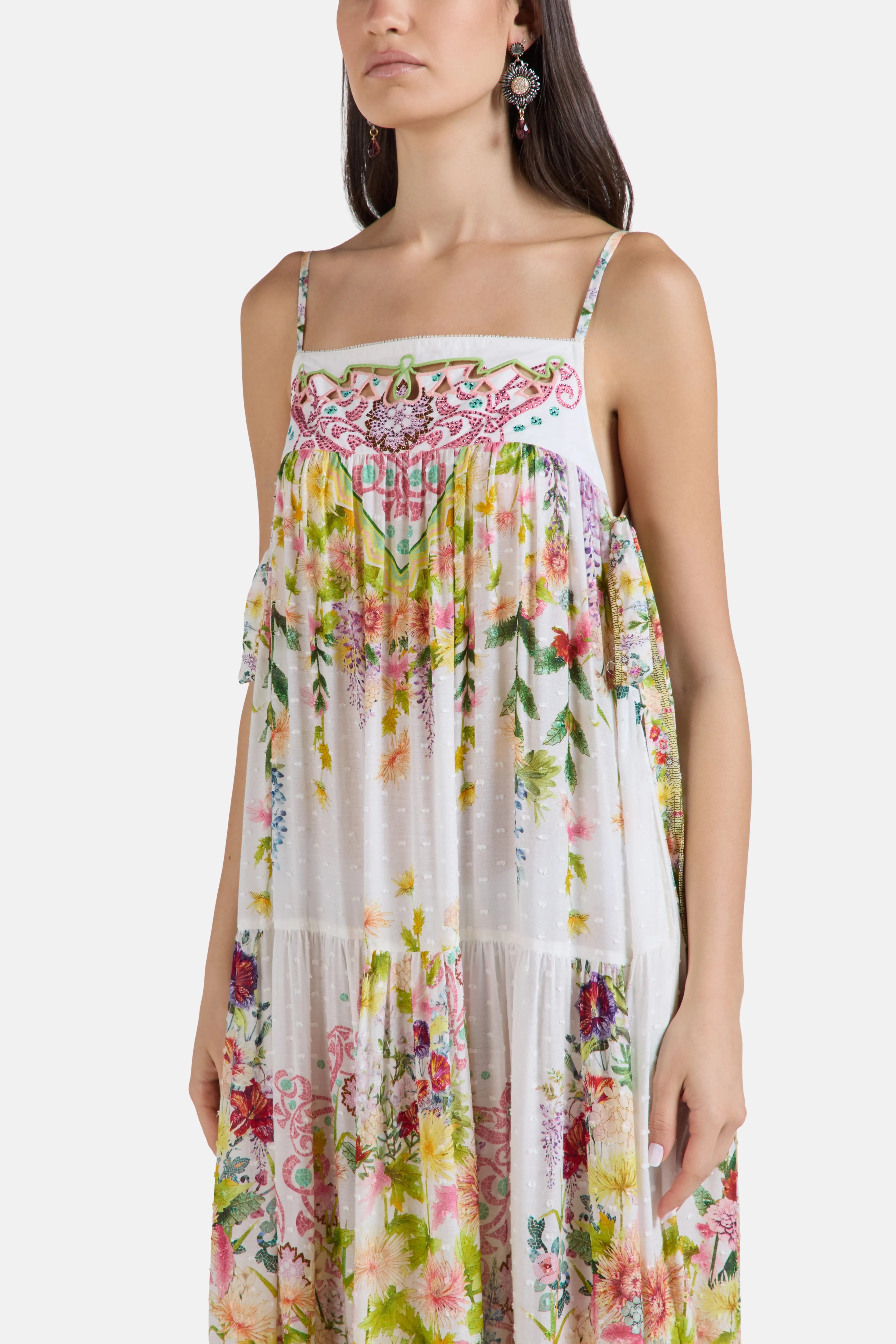 Camilla The Call Of Catalonia Floral Sleeveless Tiered Maxi Dress in White