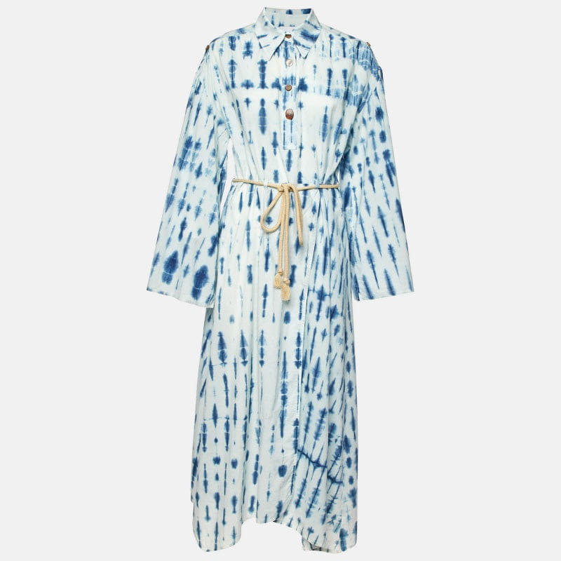 Nanushka Blue Tie - Dye Print Cotton Belted Long Dress