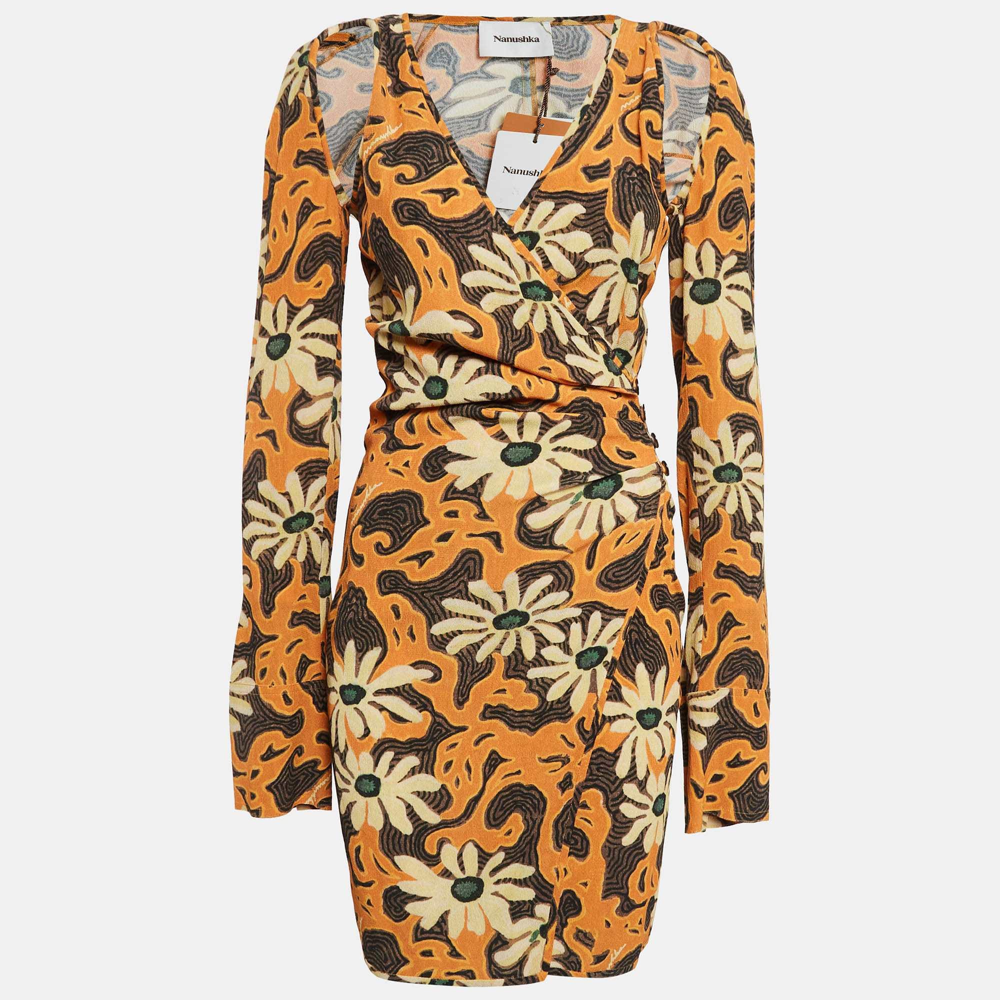 Nanushka Orange Floral Print Crepe Cut - Out Mini Wrap Dress