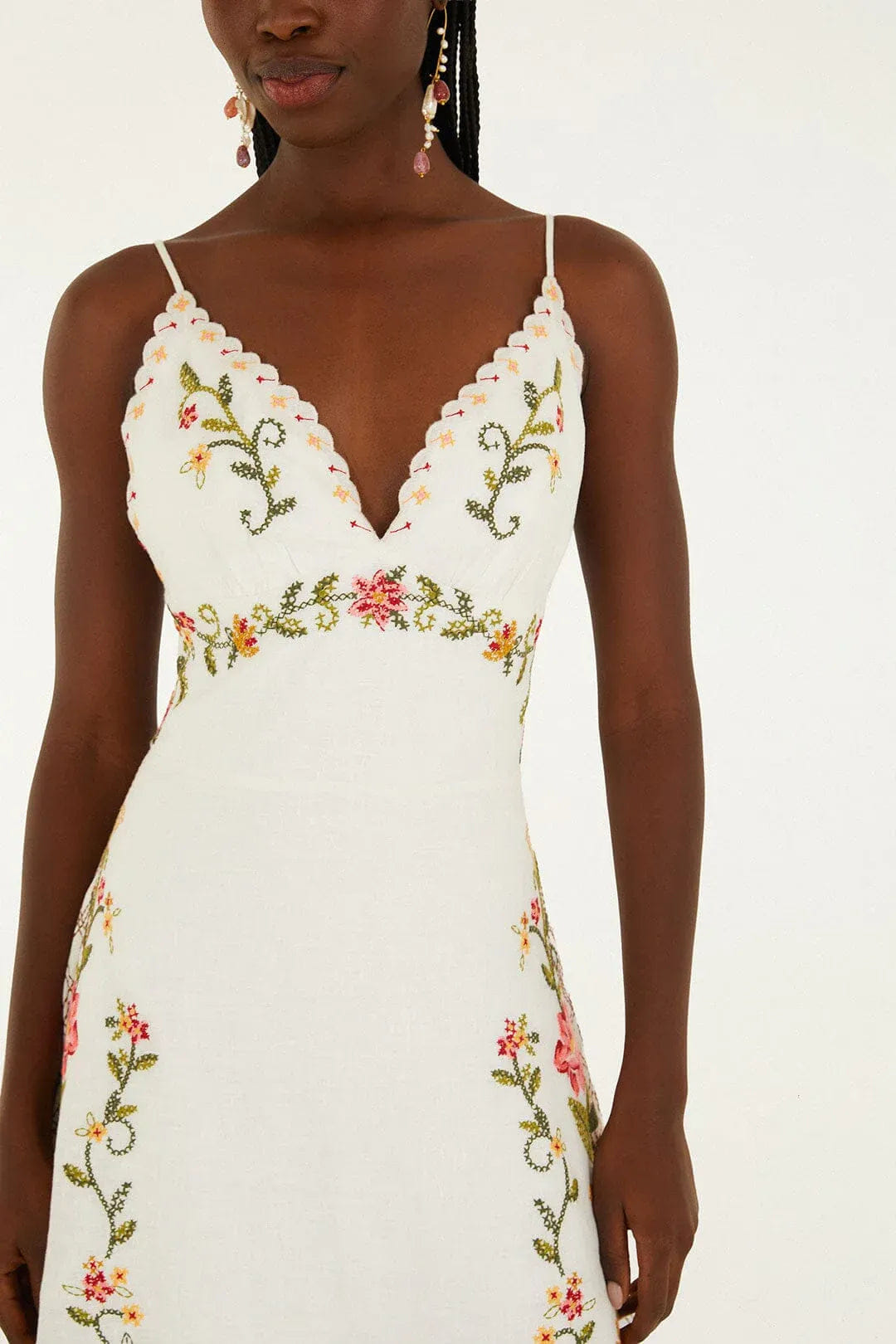 FARM RIO Flower Embroidery Floral Linen Sleeveless Midi Dress in White