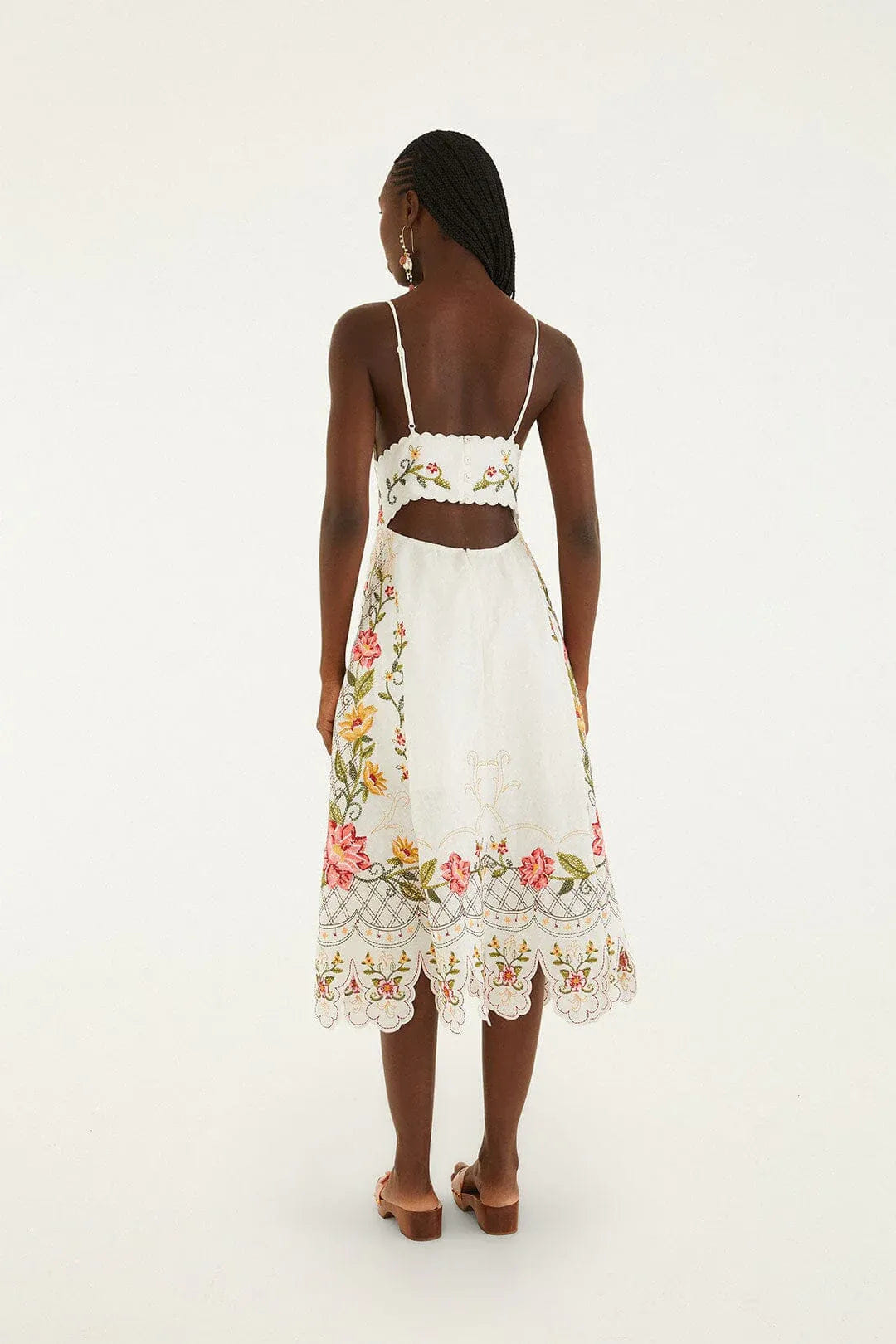FARM RIO Flower Embroidery Floral Linen Sleeveless Midi Dress in White