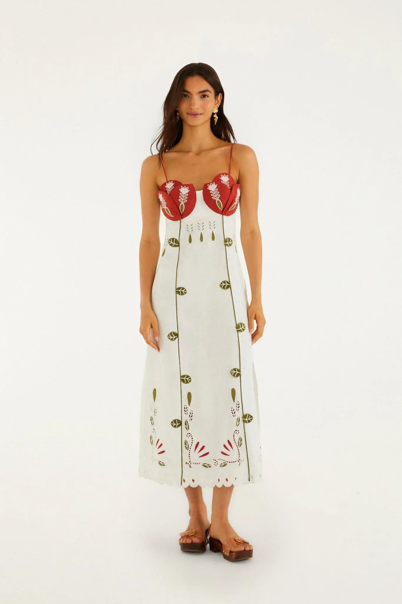 FARM RIO Tulip Richilieur Sleeveless Linen Midi Dress in White