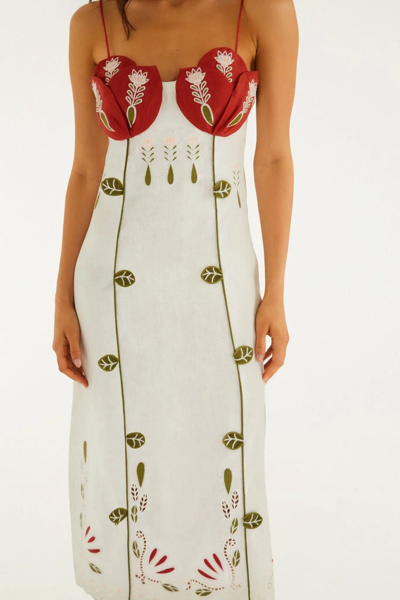 FARM RIO Tulip Richilieur Sleeveless Linen Midi Dress in White