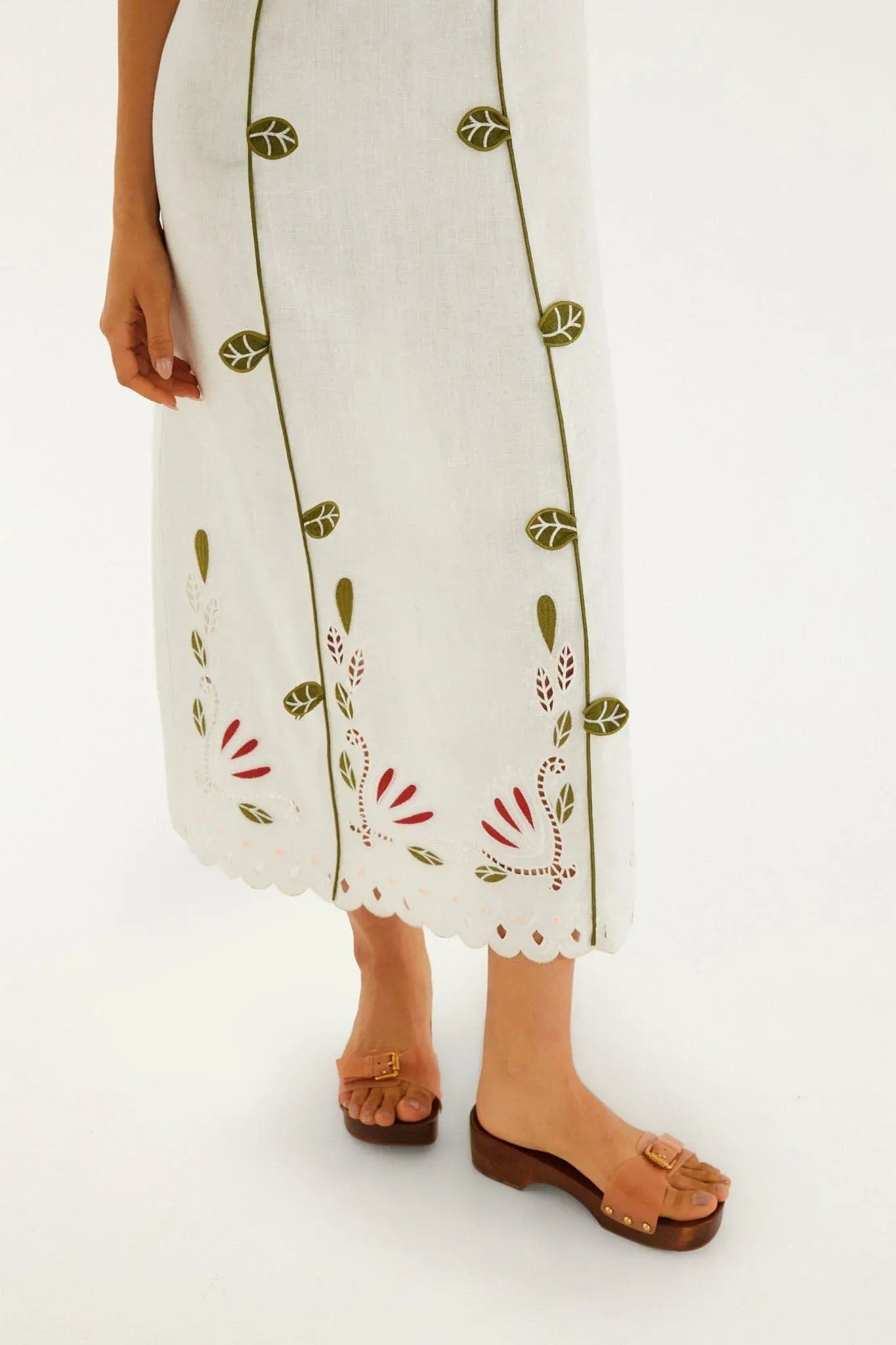 FARM RIO Tulip Richilieur Sleeveless Linen Midi Dress in White
