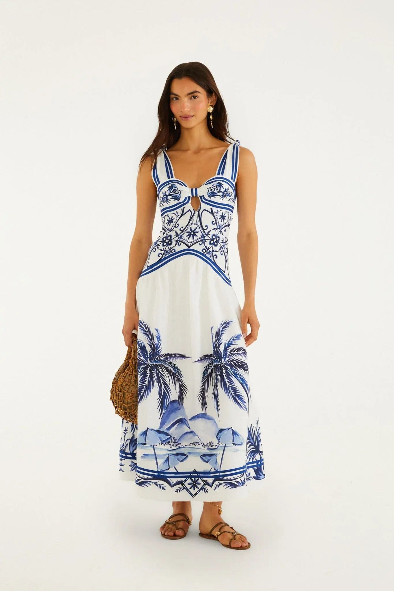 FARM RIO Wonderful City Linen Sleeveless Maxi Dress in White