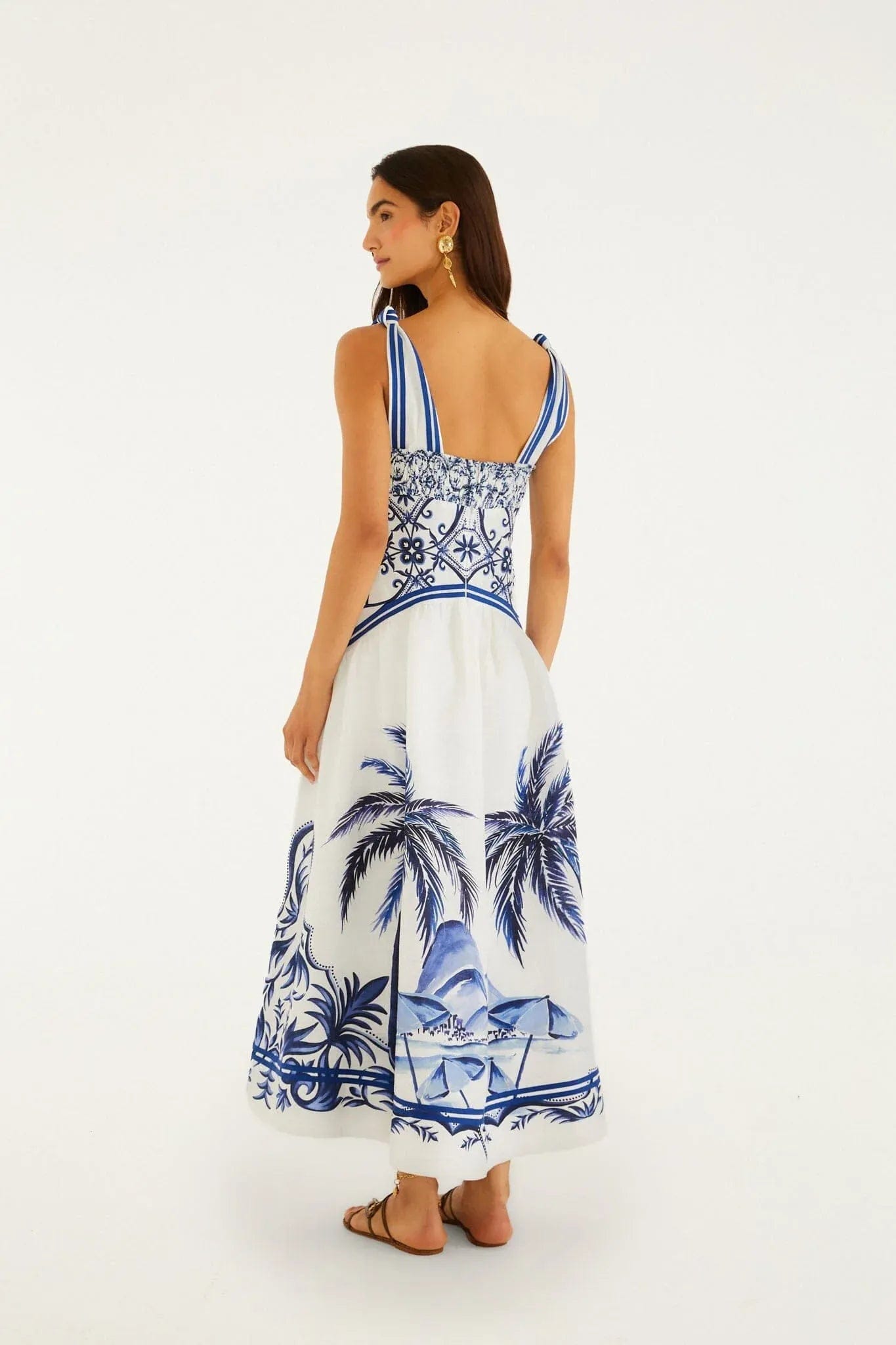 FARM RIO Wonderful City Linen Sleeveless Maxi Dress in White