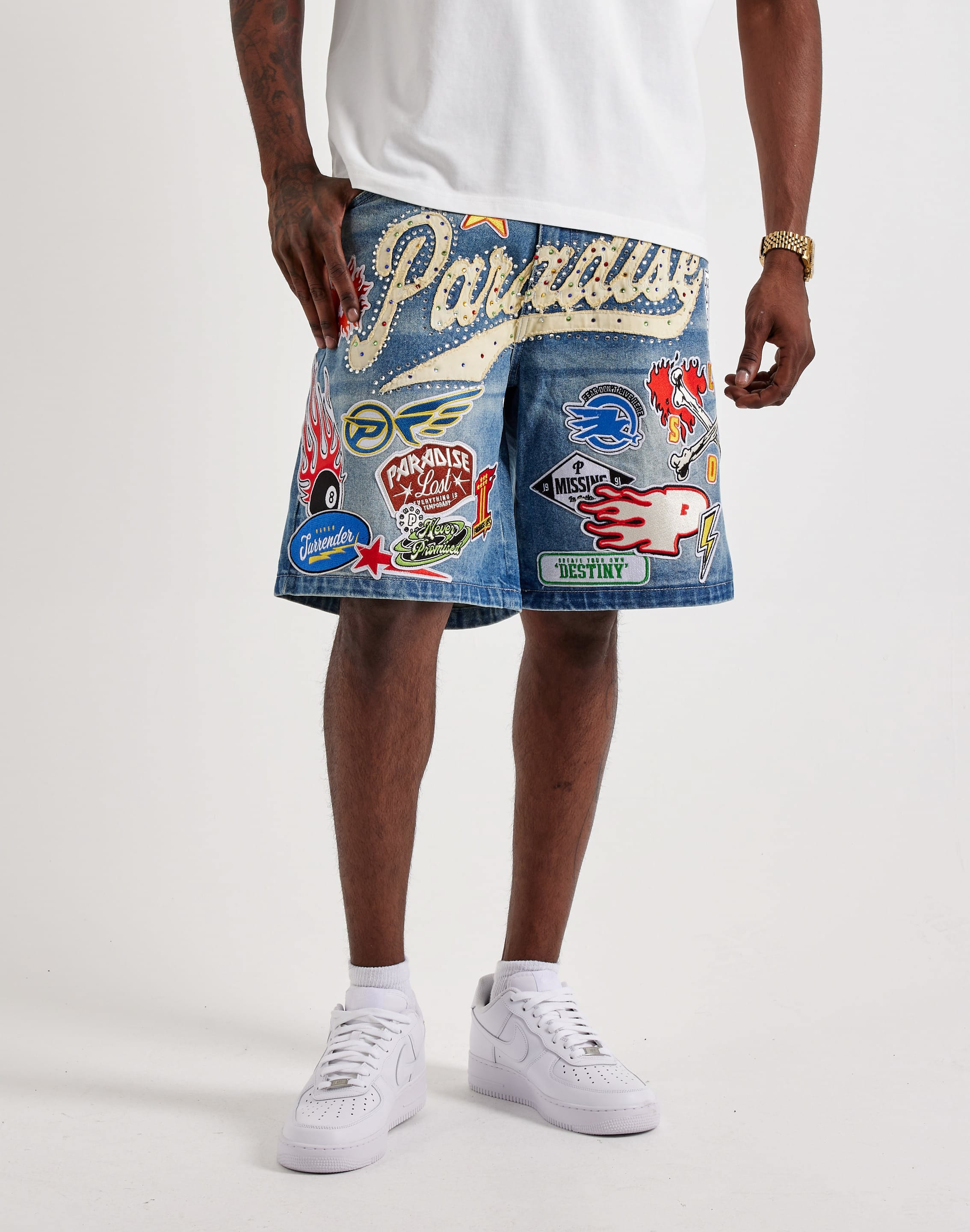 Paradise Lost Allover Patches Denim Shorts